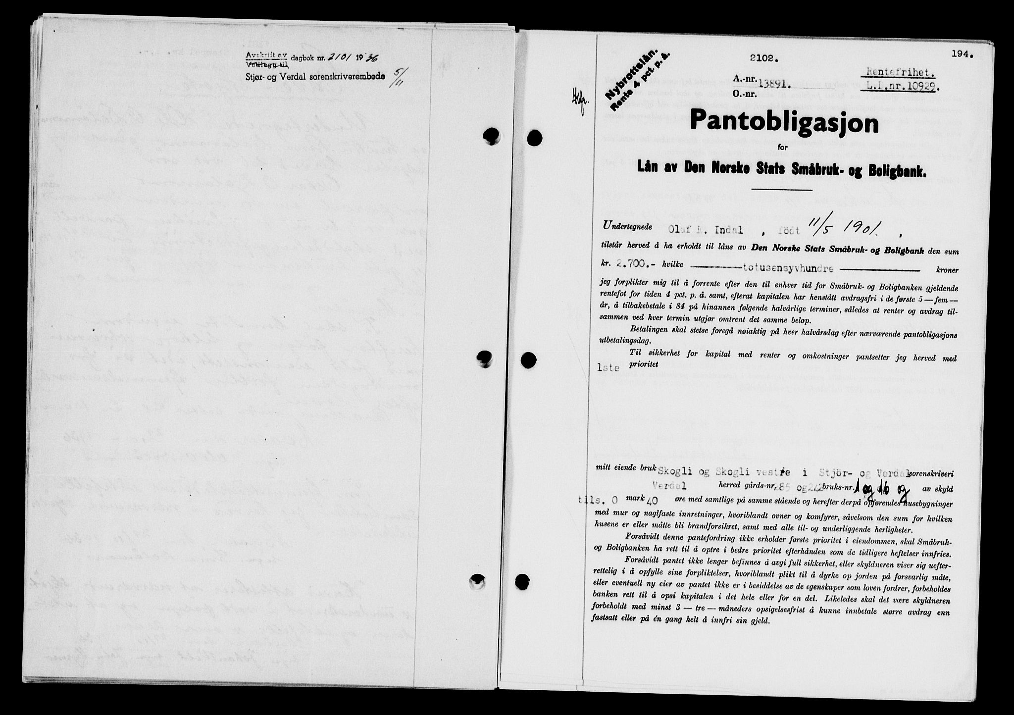 Stjør- og Verdal sorenskriveri, SAT/A-4167/1/2/2C/L0078: Mortgage book no. 46, 1936-1937, Diary no: : 2102/1936