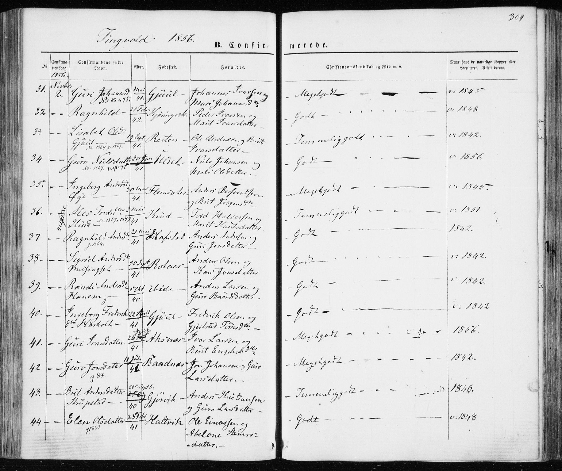 Ministerialprotokoller, klokkerbøker og fødselsregistre - Møre og Romsdal, AV/SAT-A-1454/586/L0984: Parish register (official) no. 586A10, 1844-1856, p. 309