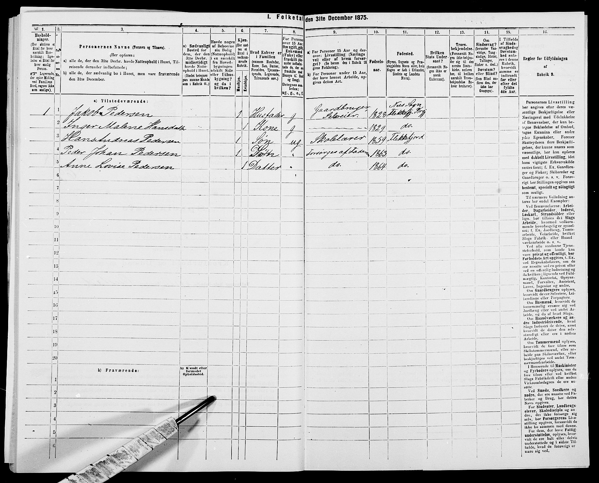 SAK, 1875 census for 1042L Flekkefjord/Nes og Hidra, 1875, p. 1437