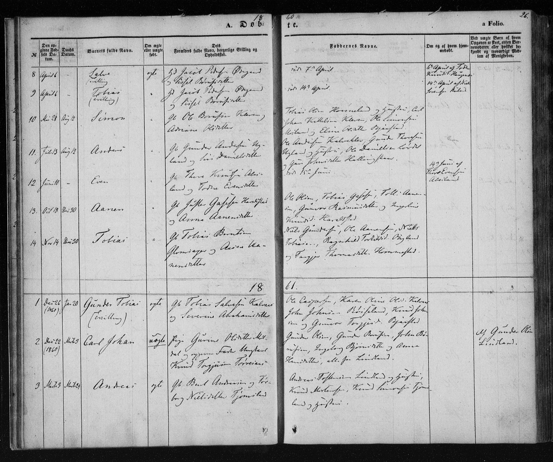 Holum sokneprestkontor, AV/SAK-1111-0022/F/Fa/Fab/L0005: Parish register (official) no. A 5, 1847-1874, p. 26