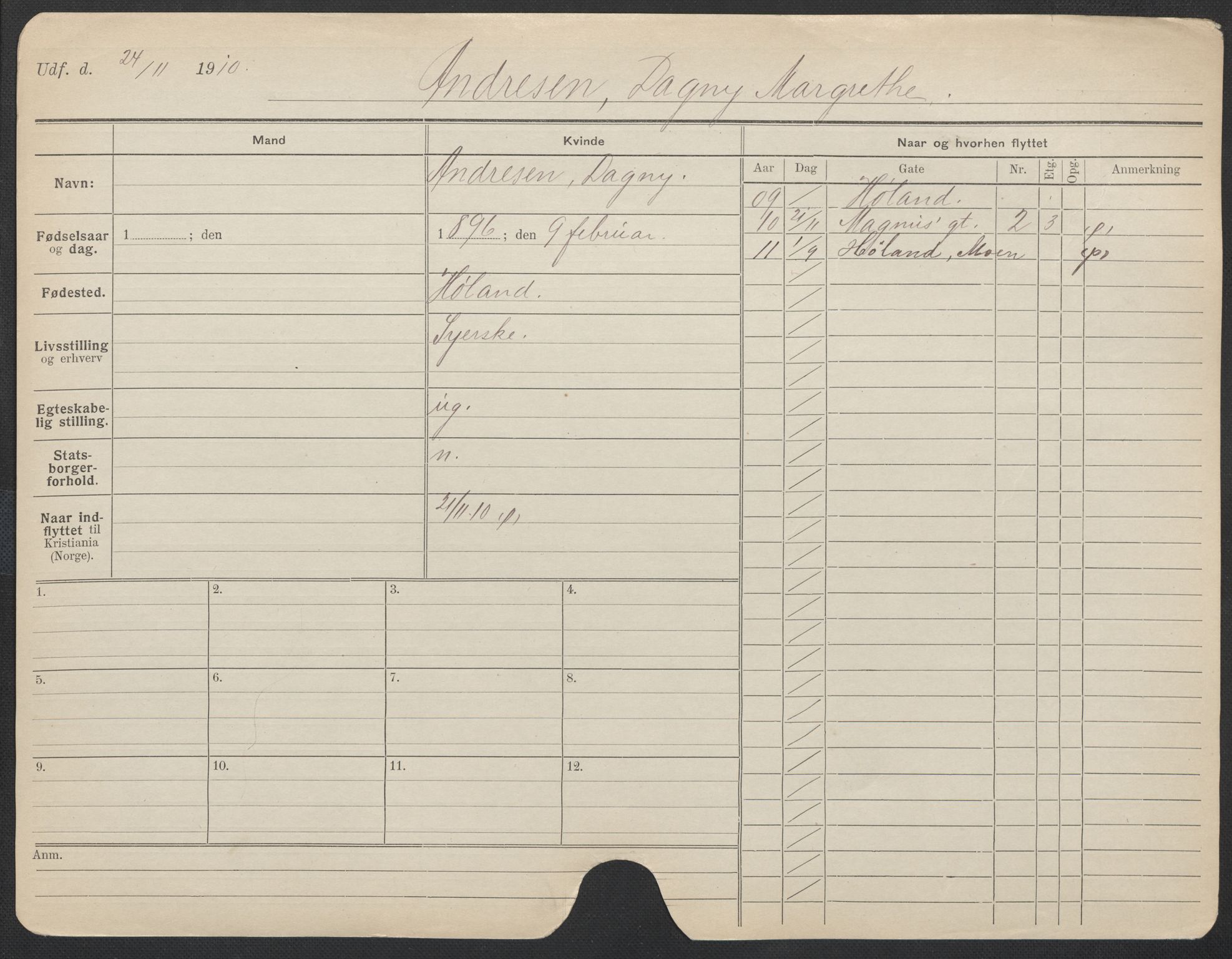 Oslo folkeregister, Registerkort, SAO/A-11715/F/Fa/Fac/L0012: Kvinner, 1906-1914, p. 849a