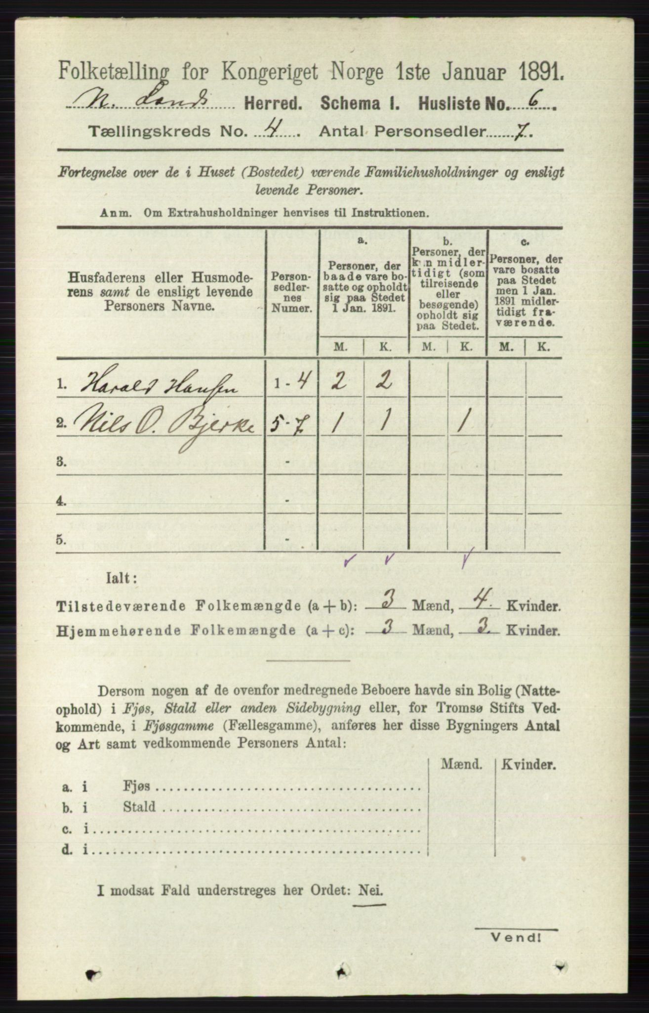 RA, 1891 census for 0538 Nordre Land, 1891, p. 1311