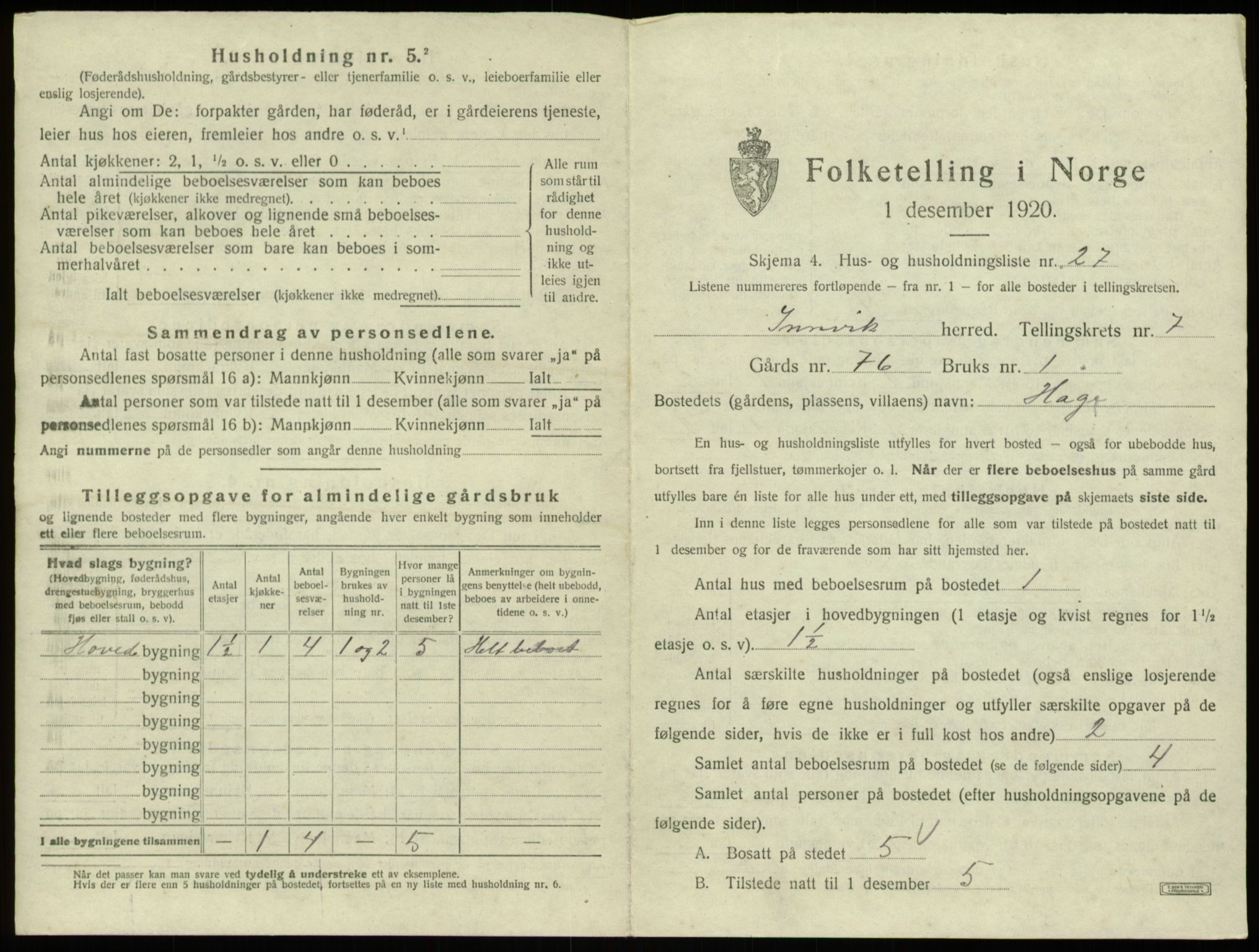 SAB, 1920 census for Innvik, 1920, p. 443