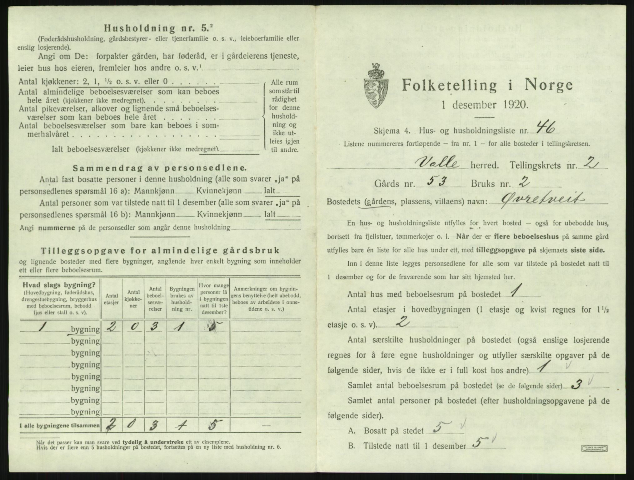 SAK, 1920 census for Valle, 1920, p. 207