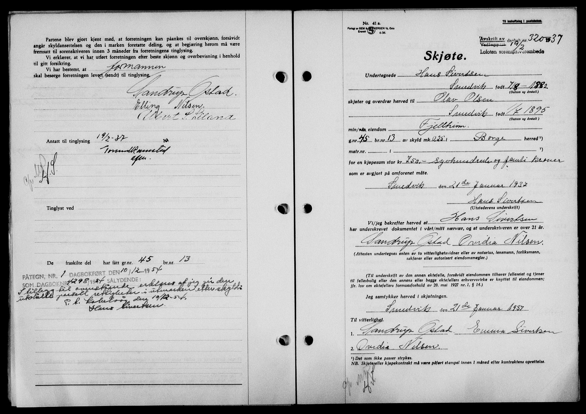 Lofoten sorenskriveri, SAT/A-0017/1/2/2C/L0001a: Mortgage book no. 1a, 1936-1937, Diary no: : 320/1937