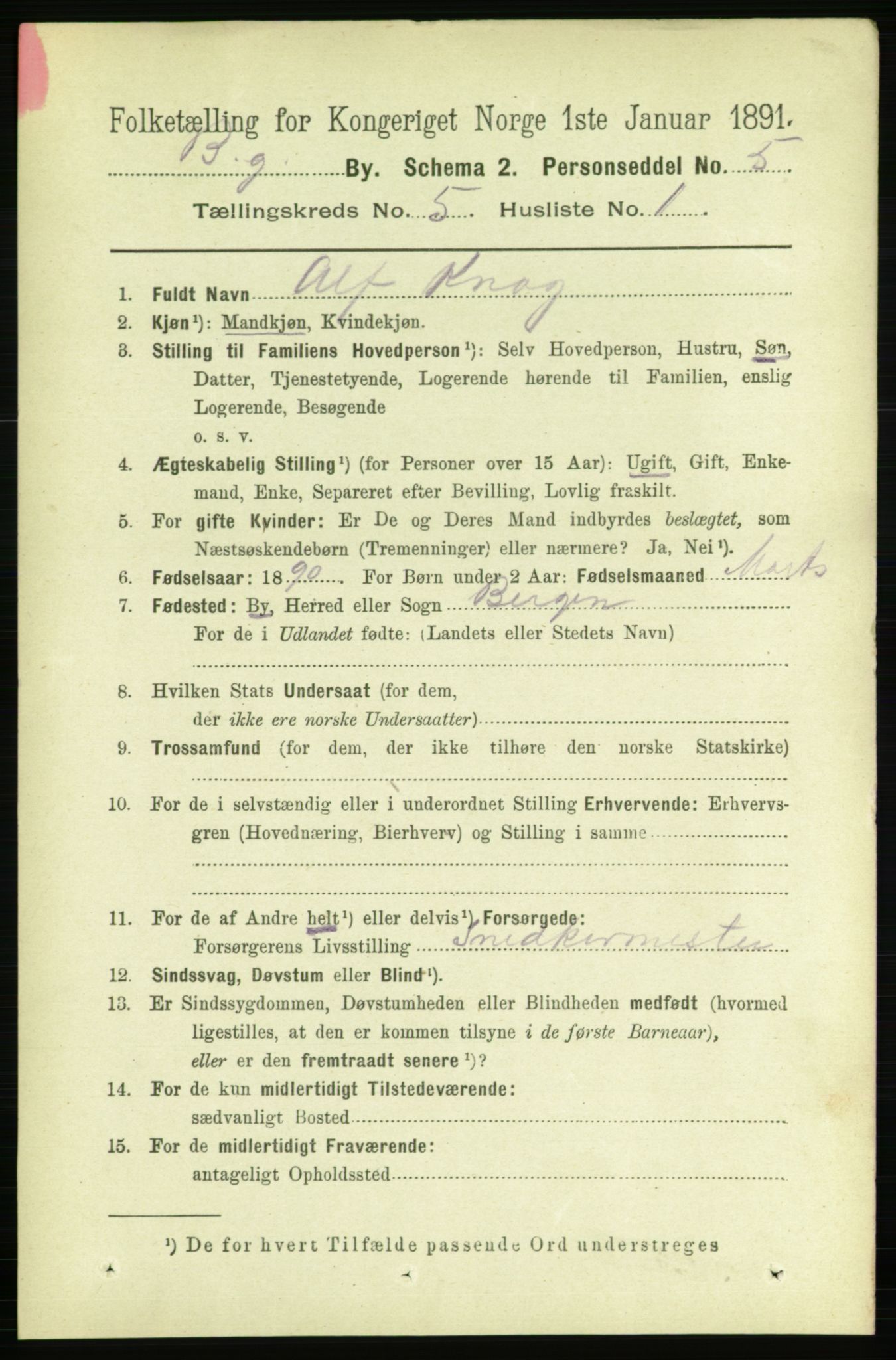 RA, 1891 Census for 1301 Bergen, 1891, p. 13698