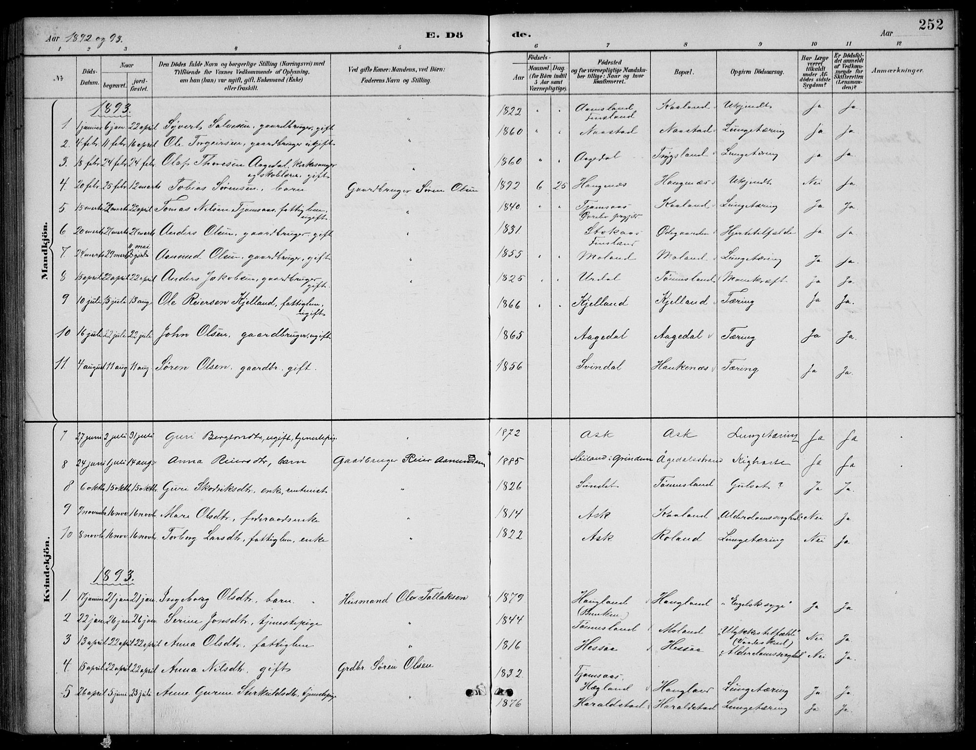 Bjelland sokneprestkontor, SAK/1111-0005/F/Fb/Fba/L0005: Parish register (copy) no. B 5, 1887-1923, p. 252