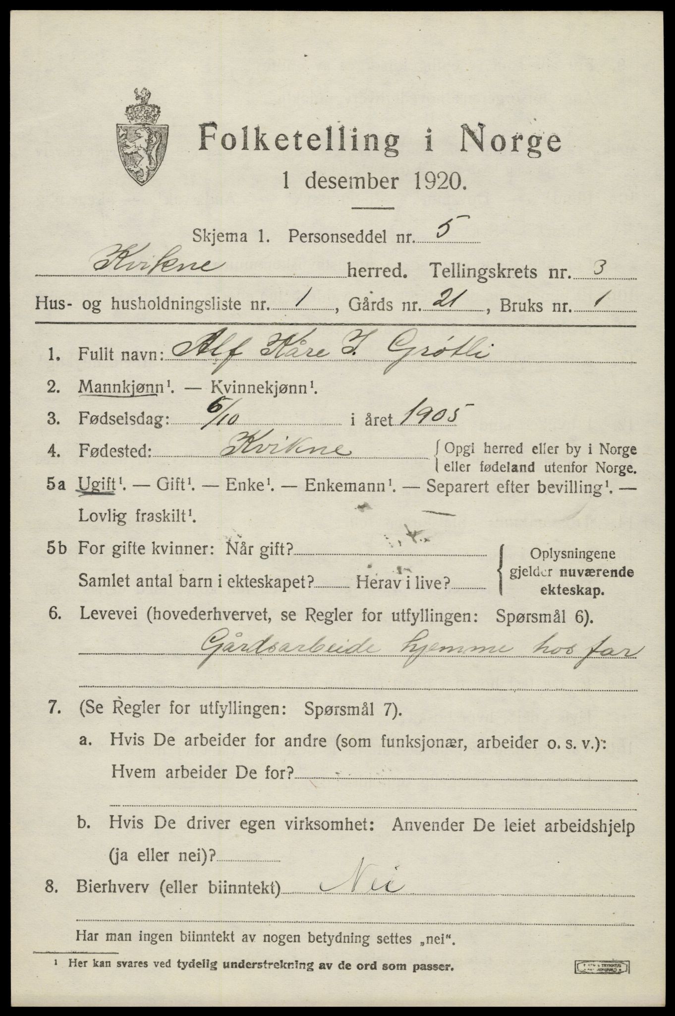 SAH, 1920 census for Kvikne, 1920, p. 1276