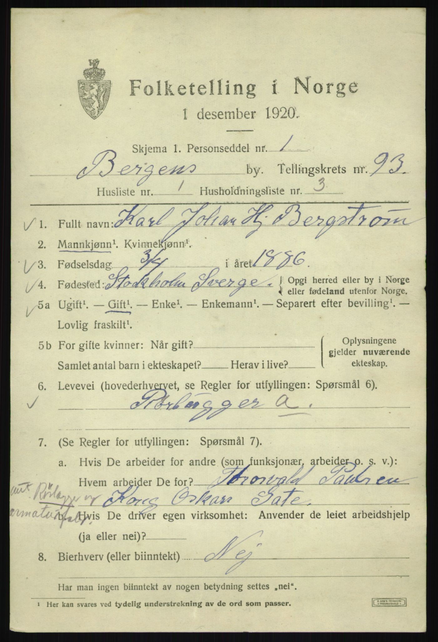 SAB, 1920 census for Bergen, 1920, p. 166419