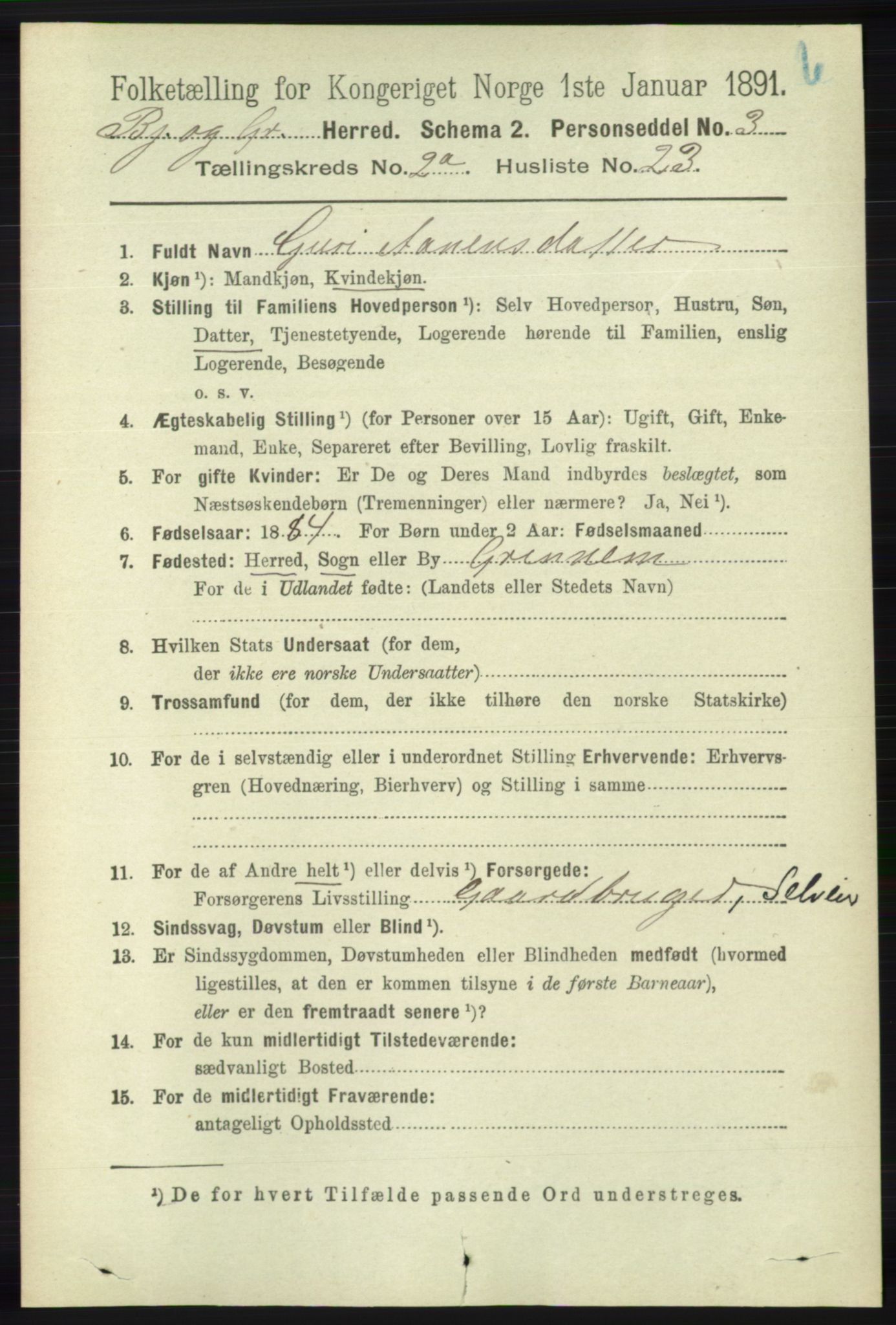 RA, 1891 census for 1024 Bjelland og Grindheim, 1891, p. 446