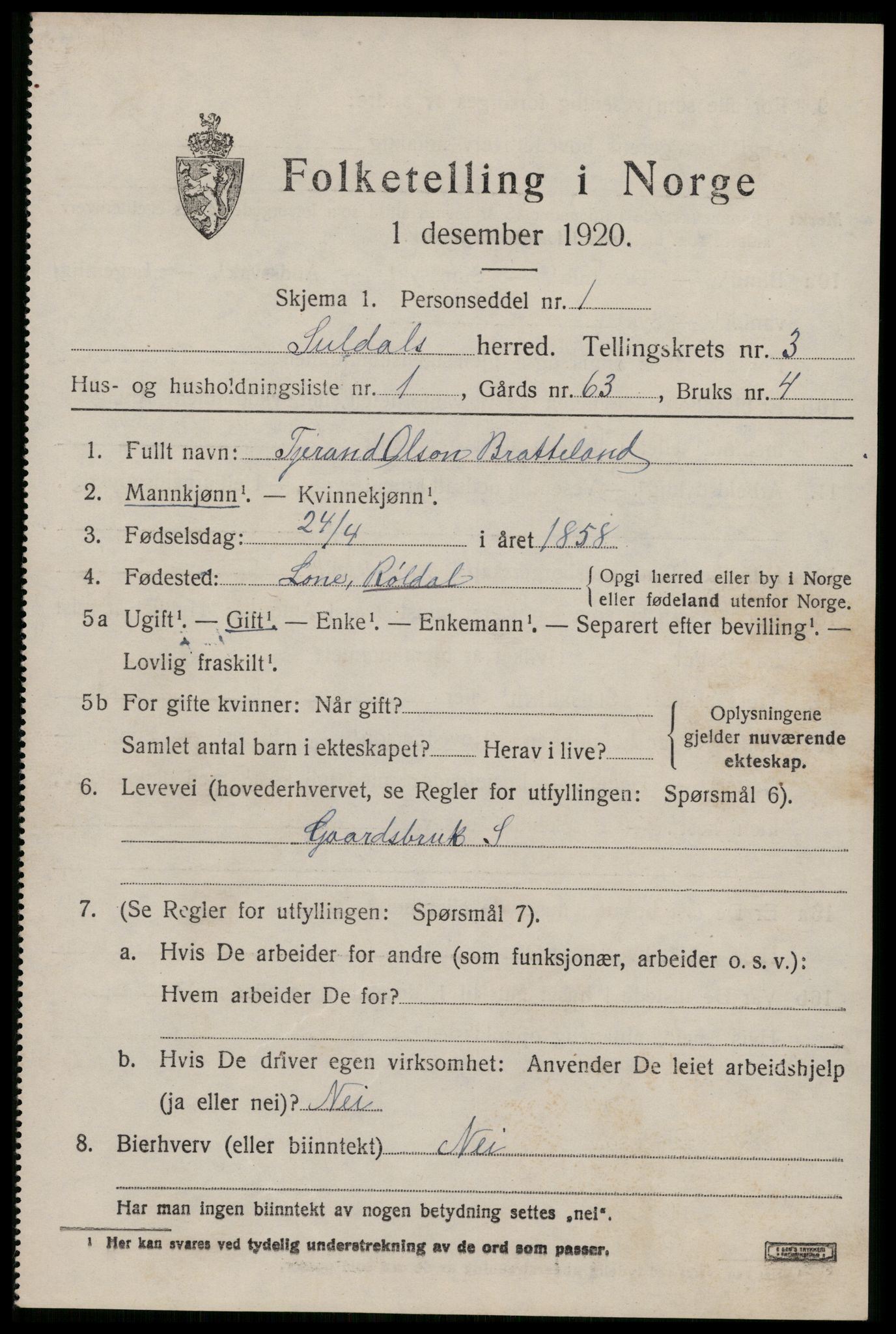 SAST, 1920 census for Suldal, 1920, p. 908