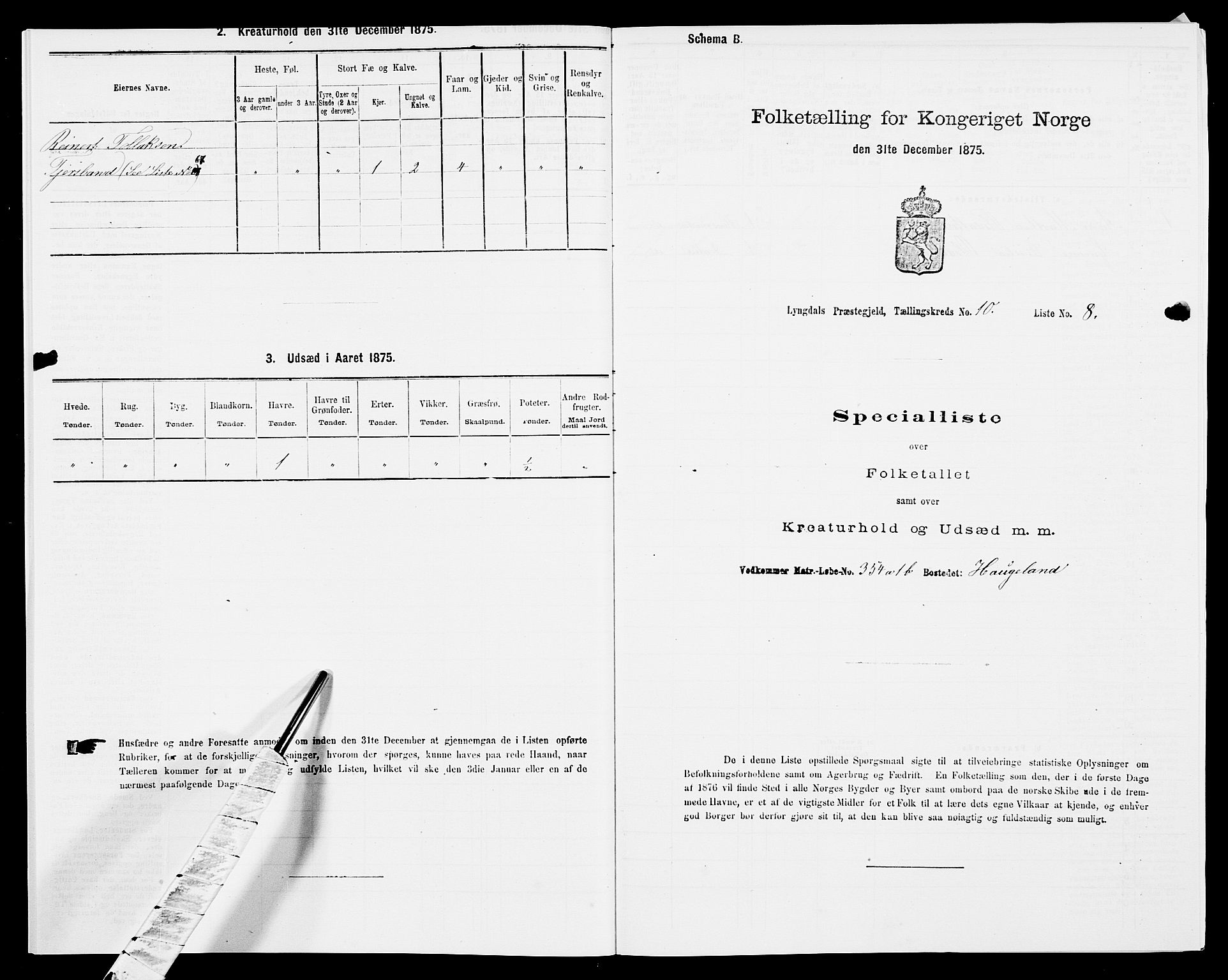 SAK, 1875 census for 1032P Lyngdal, 1875, p. 1535