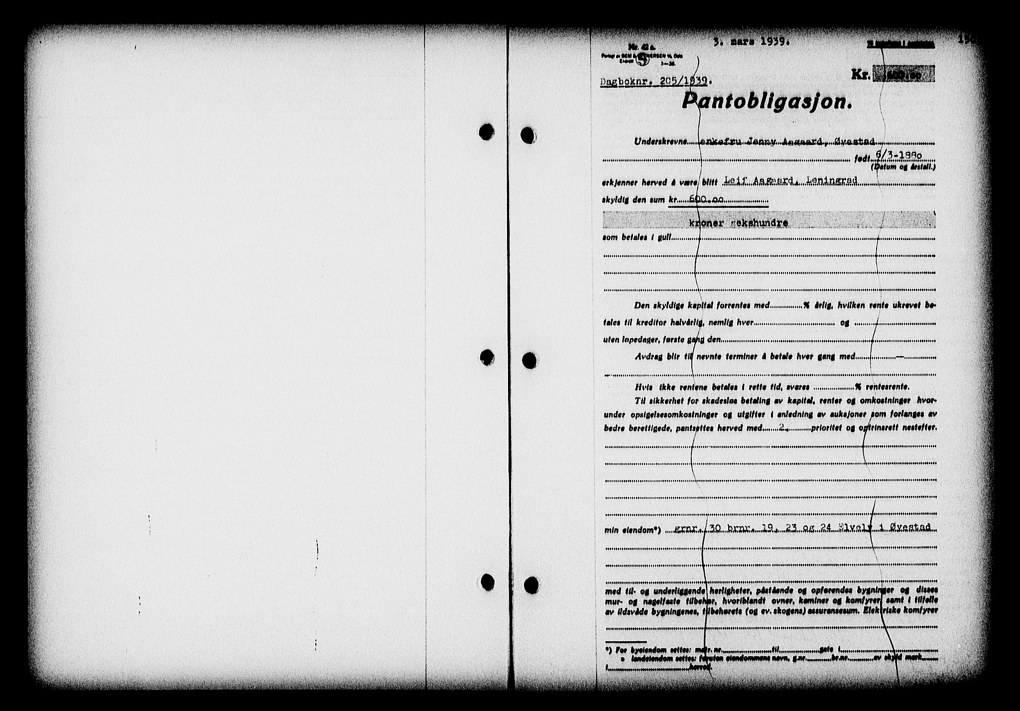 Nedenes sorenskriveri, SAK/1221-0006/G/Gb/Gba/L0046: Mortgage book no. 42, 1938-1939, Diary no: : 205/1939
