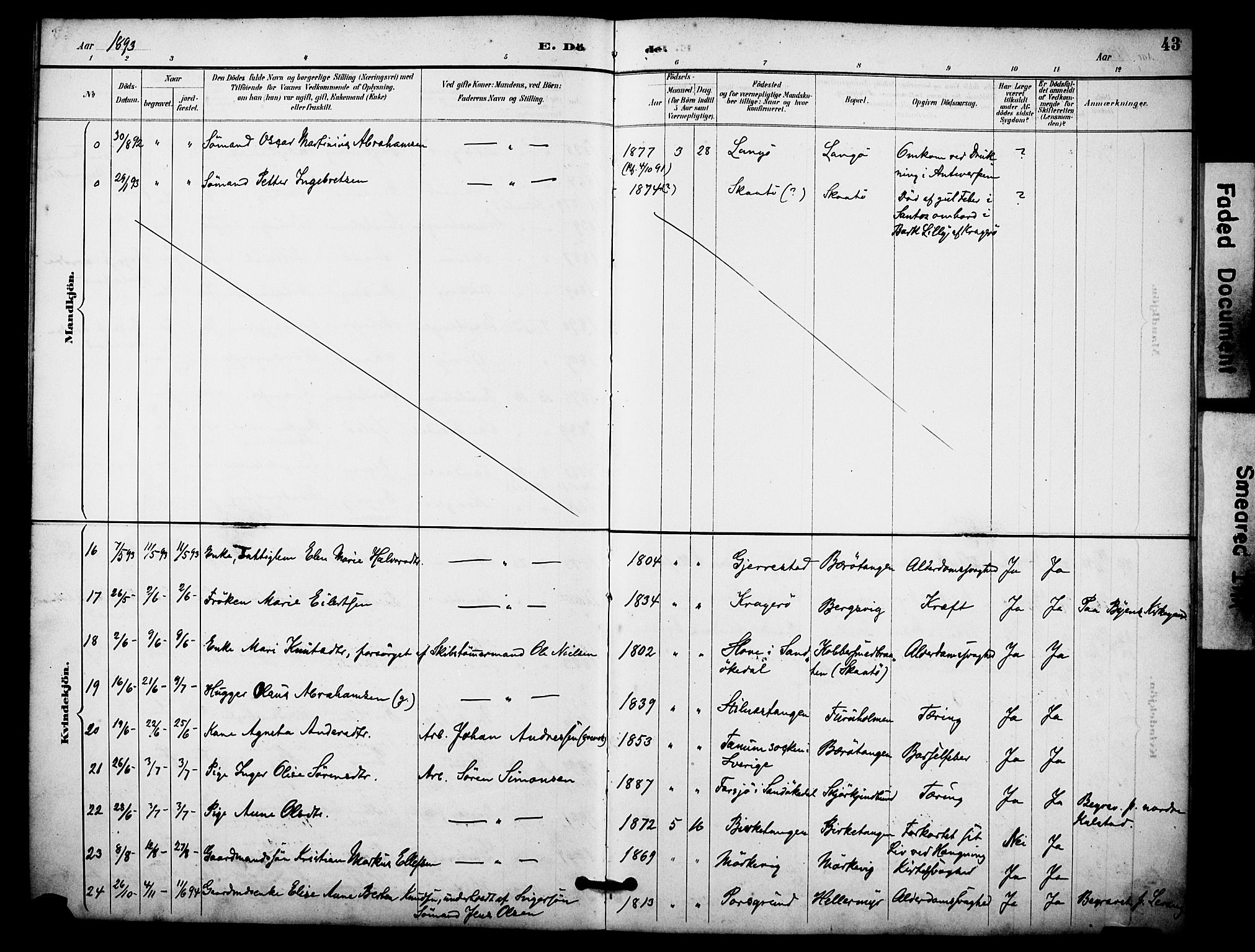 Skåtøy kirkebøker, AV/SAKO-A-304/F/Fa/L0004: Parish register (official) no. I 4, 1884-1900, p. 43