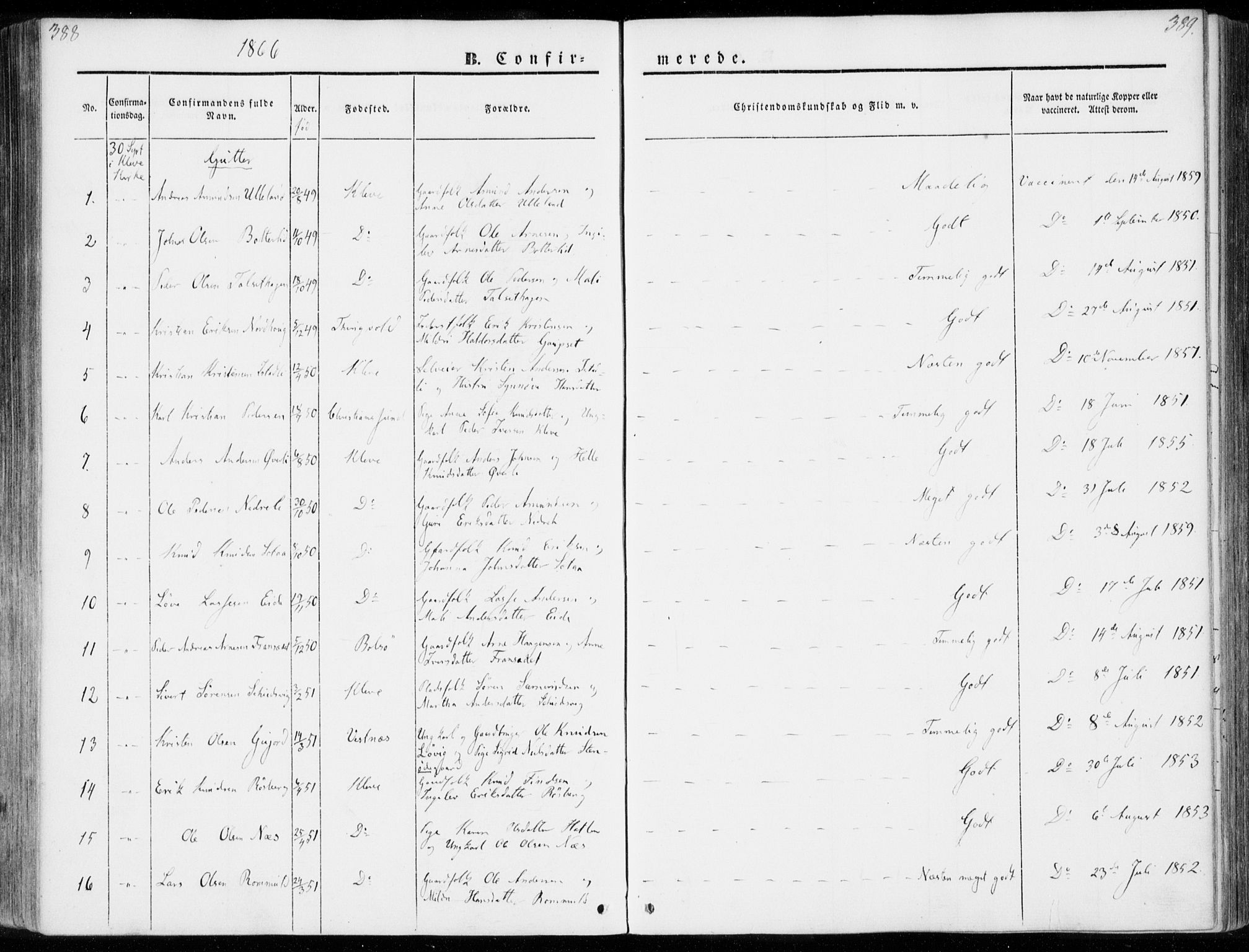 Ministerialprotokoller, klokkerbøker og fødselsregistre - Møre og Romsdal, AV/SAT-A-1454/557/L0680: Parish register (official) no. 557A02, 1843-1869, p. 388-389