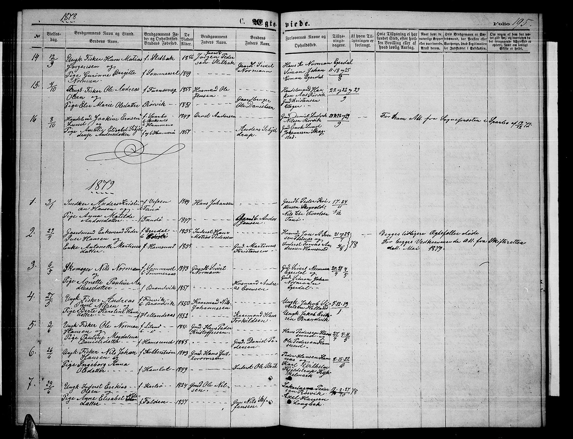 Ministerialprotokoller, klokkerbøker og fødselsregistre - Nordland, AV/SAT-A-1459/859/L0858: Parish register (copy) no. 859C04, 1873-1886, p. 195