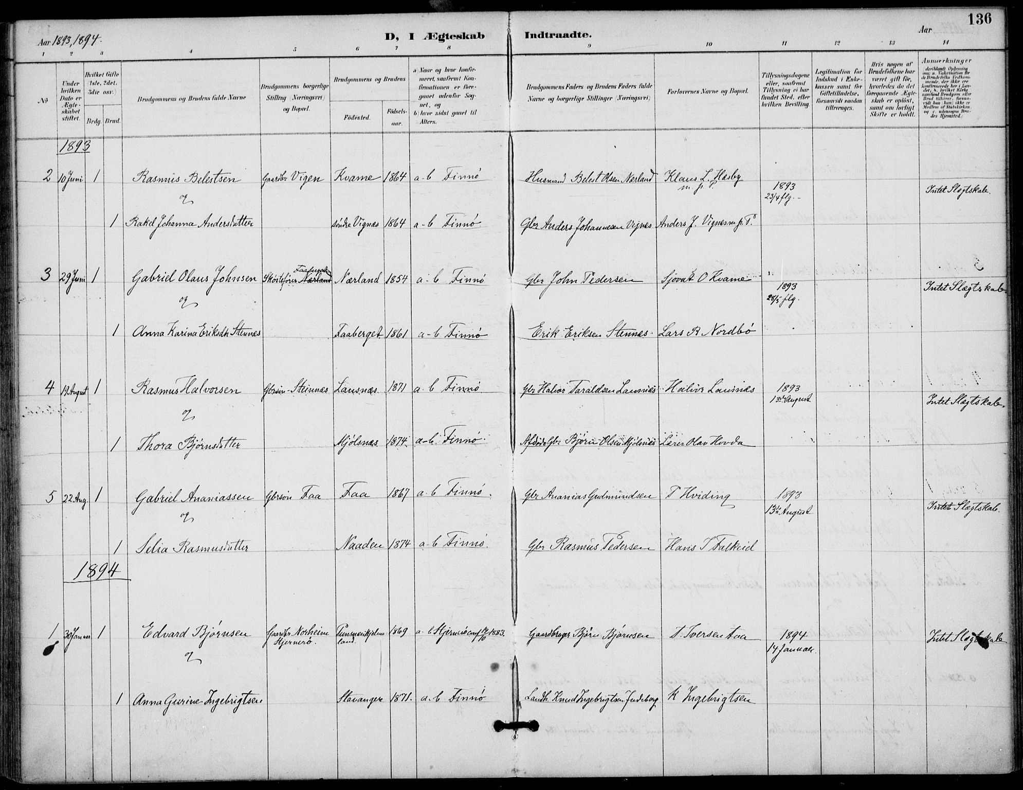 Finnøy sokneprestkontor, AV/SAST-A-101825/H/Ha/Haa/L0011: Parish register (official) no. A 11, 1891-1910, p. 136