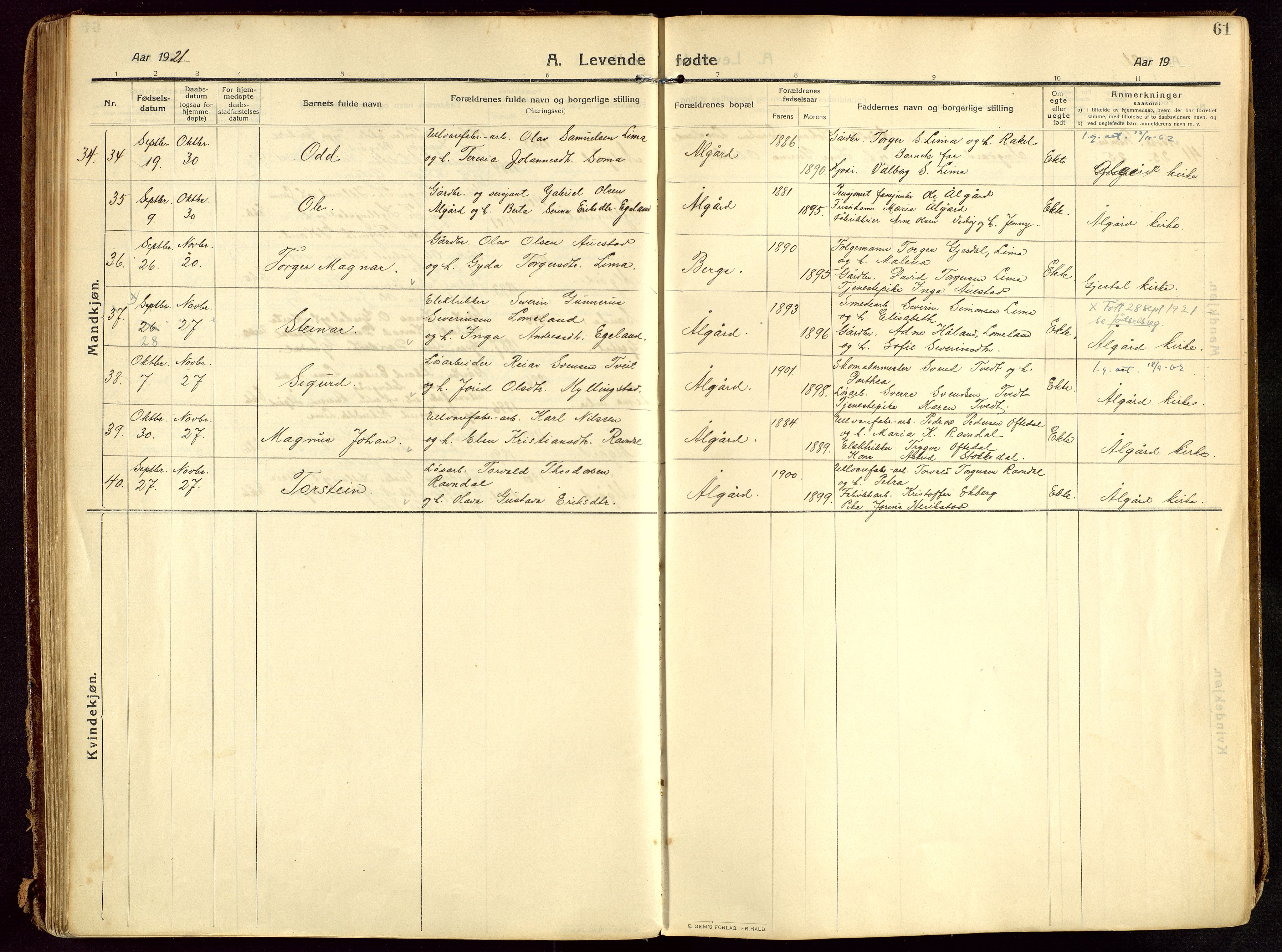 Lye sokneprestkontor, AV/SAST-A-101794/002/B/L0001: Parish register (official) no. A 13, 1910-1925, p. 61