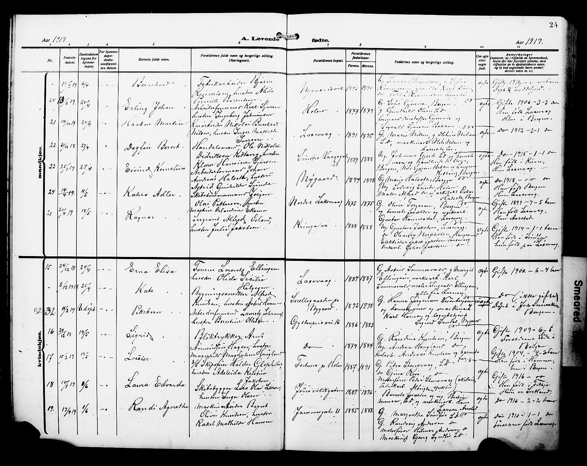 Laksevåg Sokneprestembete, AV/SAB-A-76501/H/Ha/Hab/Haba/L0006: Parish register (copy) no. A 6, 1917-1925, p. 24