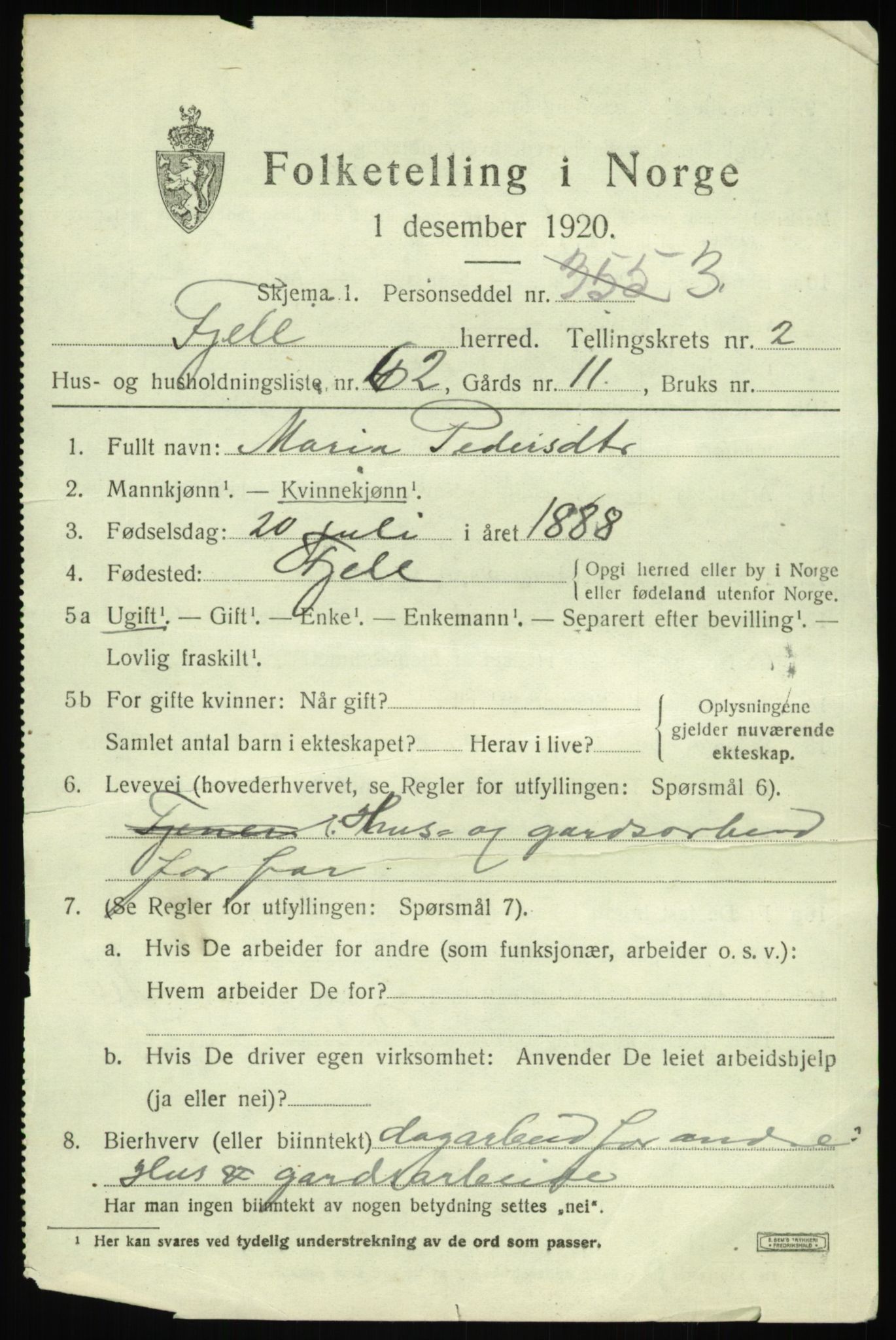 SAB, 1920 census for Fjell, 1920, p. 2956