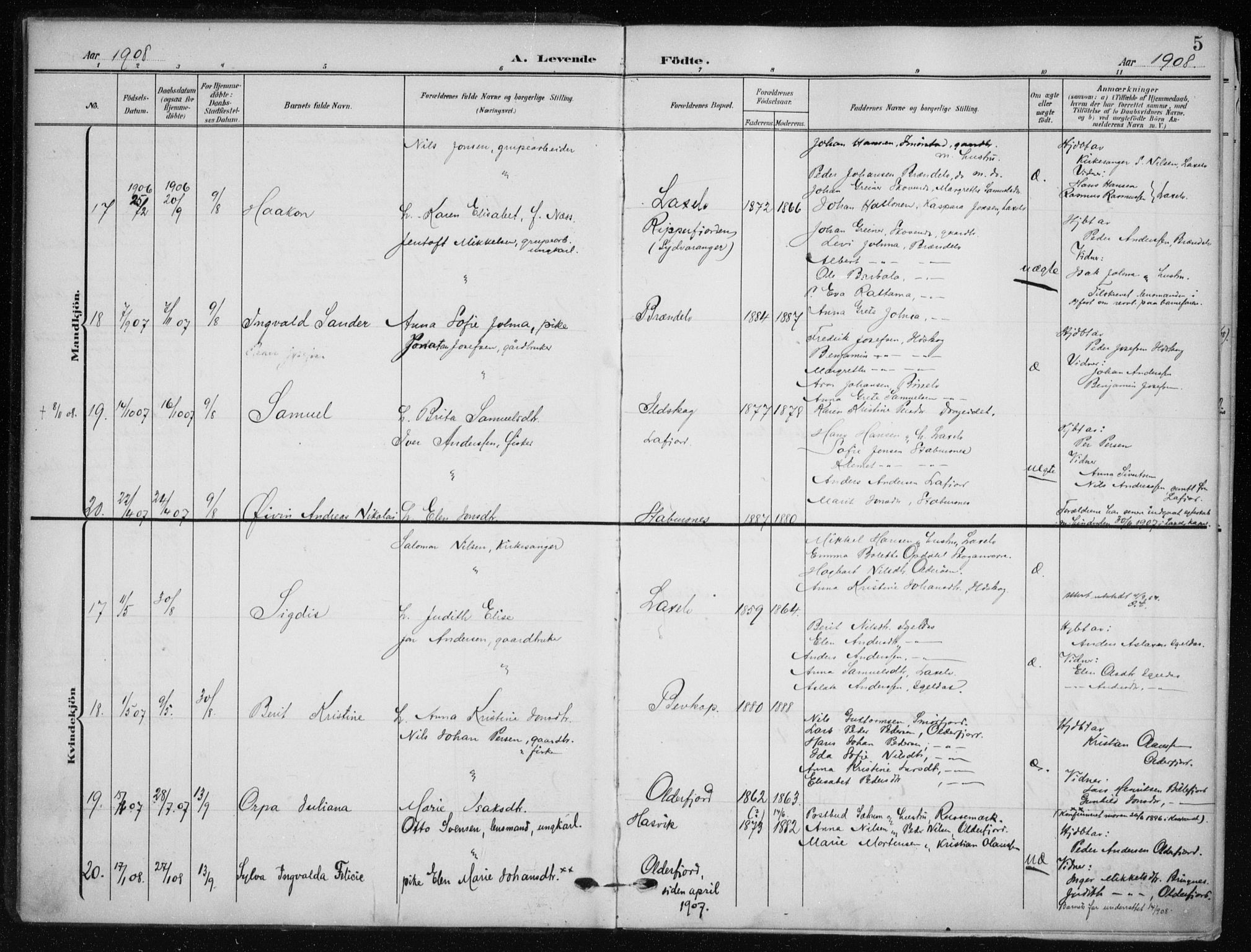 Kistrand/Porsanger sokneprestembete, AV/SATØ-S-1351/H/Ha/L0014.kirke: Parish register (official) no. 14, 1908-1917, p. 5