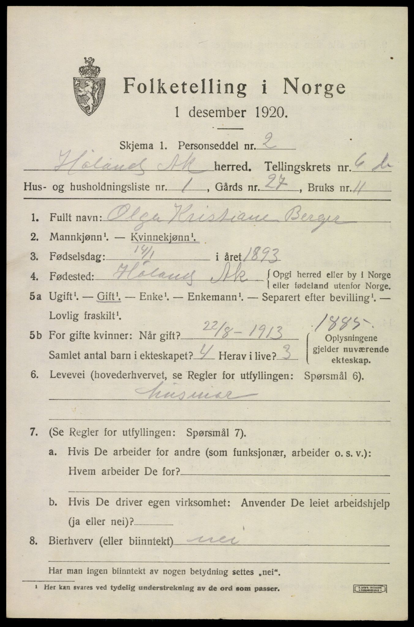 SAO, 1920 census for Høland, 1920, p. 8993