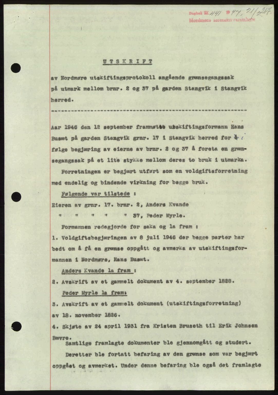 Nordmøre sorenskriveri, AV/SAT-A-4132/1/2/2Ca: Mortgage book no. A104, 1947-1947, Diary no: : 441/1947