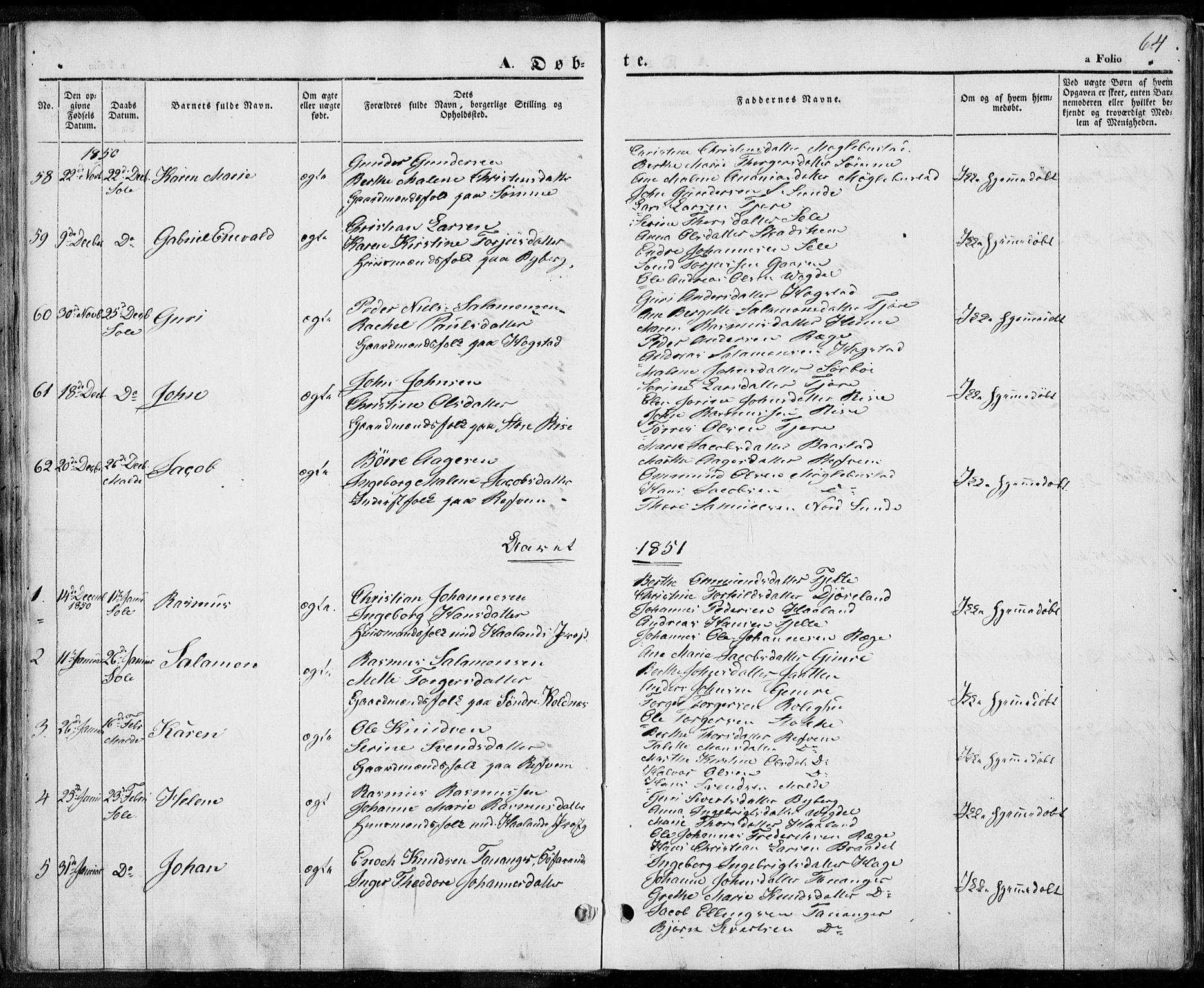Håland sokneprestkontor, SAST/A-101802/001/30BA/L0006: Parish register (official) no. A 6, 1842-1853, p. 64