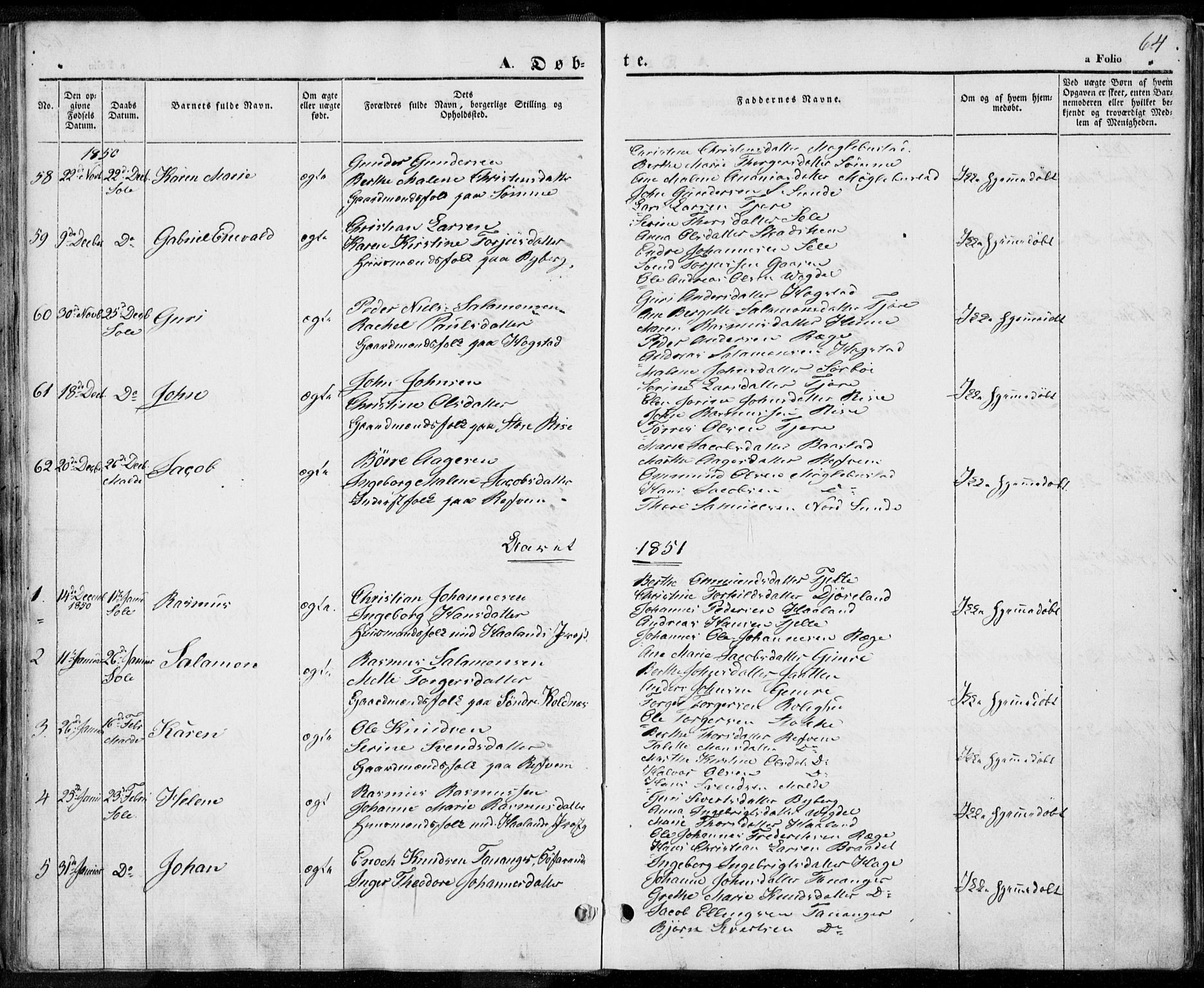 Håland sokneprestkontor, AV/SAST-A-101802/001/30BA/L0006: Parish register (official) no. A 6, 1842-1853, p. 64