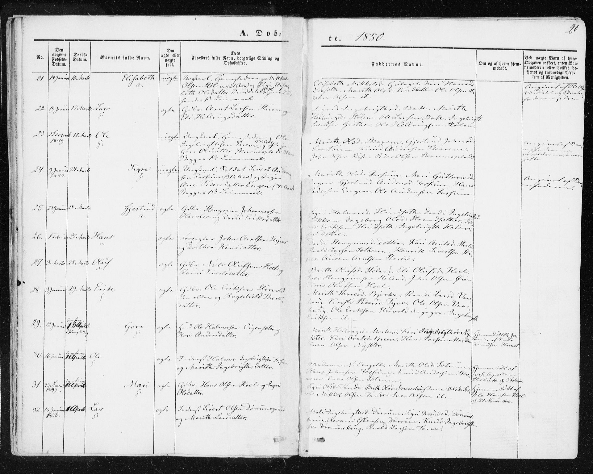 Ministerialprotokoller, klokkerbøker og fødselsregistre - Sør-Trøndelag, SAT/A-1456/678/L0899: Parish register (official) no. 678A08, 1848-1872, p. 20