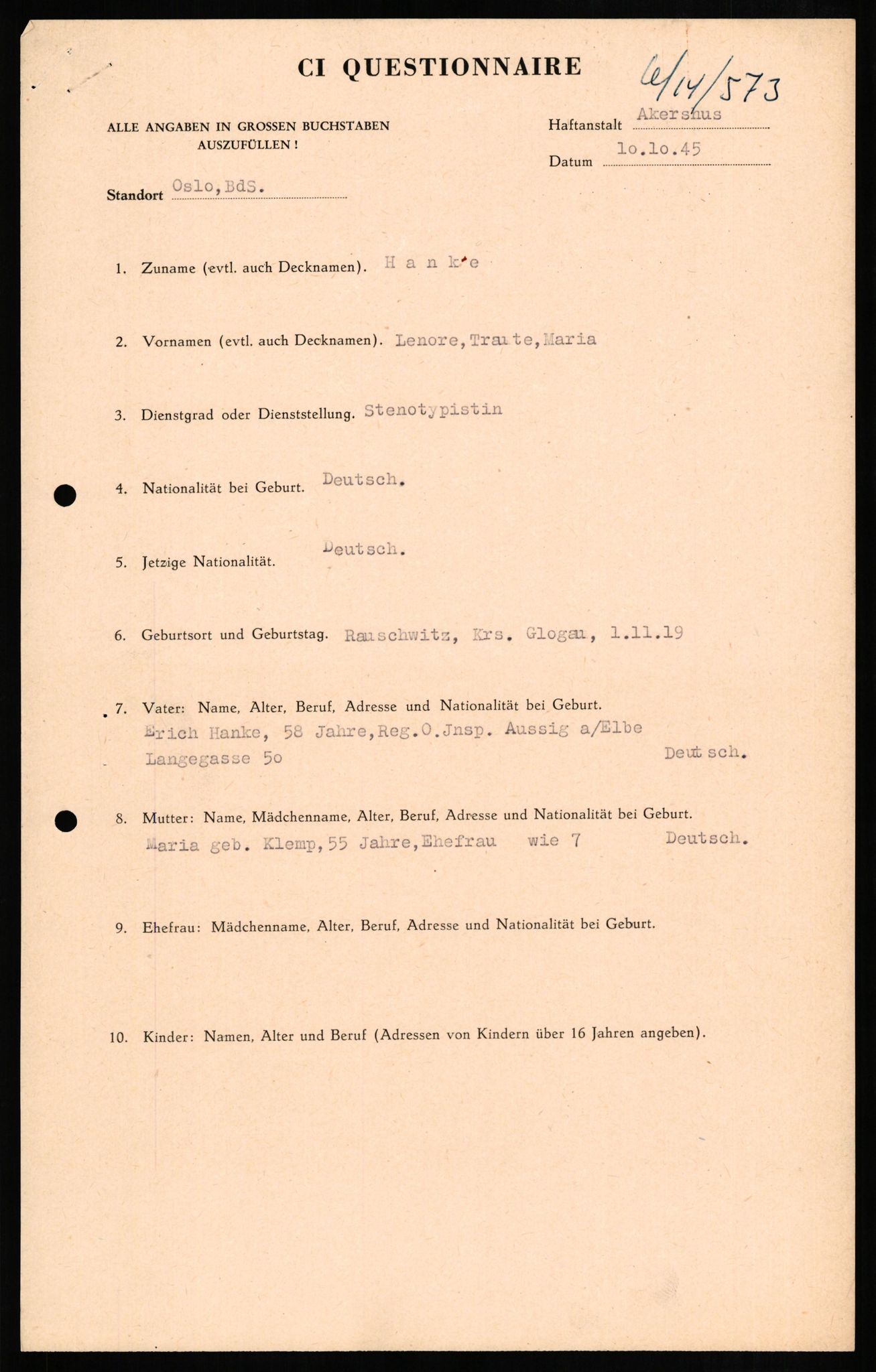 Forsvaret, Forsvarets overkommando II, RA/RAFA-3915/D/Db/L0011: CI Questionaires. Tyske okkupasjonsstyrker i Norge. Tyskere., 1945-1946, p. 504