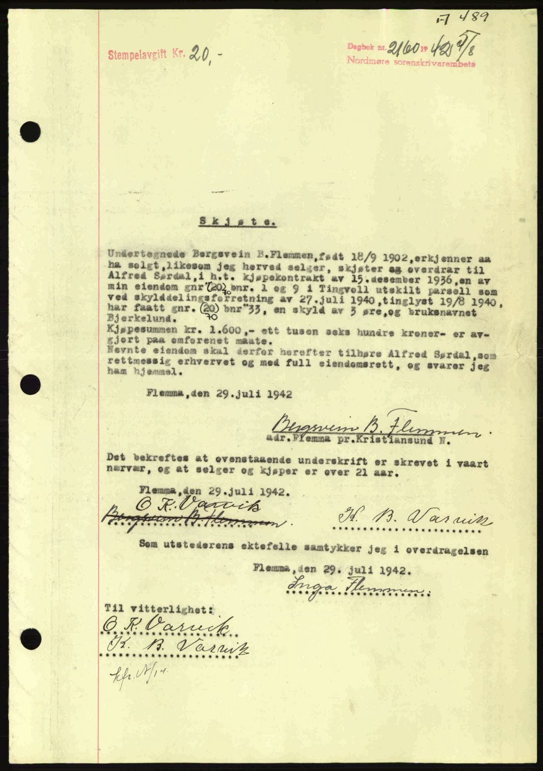 Nordmøre sorenskriveri, AV/SAT-A-4132/1/2/2Ca: Mortgage book no. A93, 1942-1942, Diary no: : 2160/1942