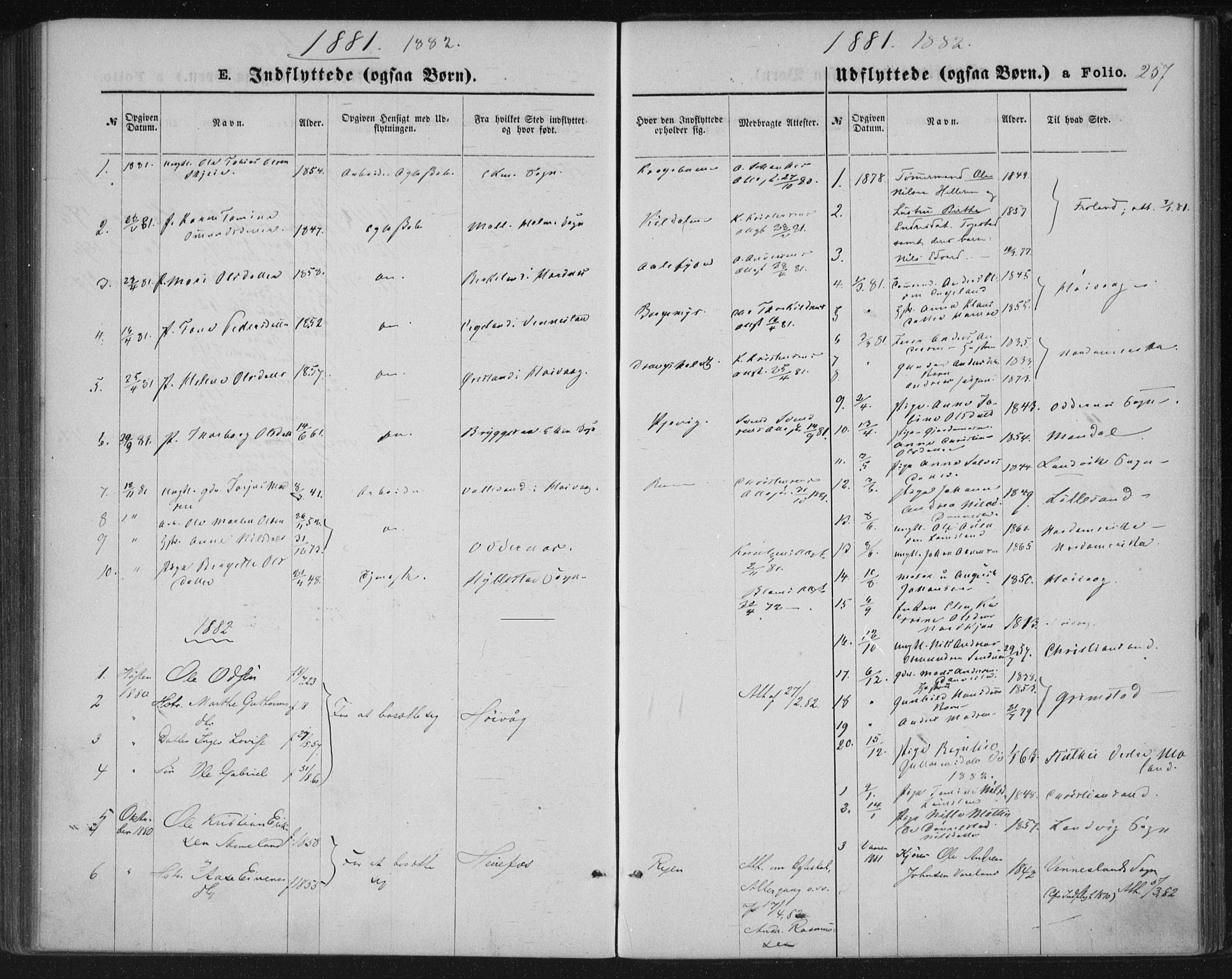 Tveit sokneprestkontor, SAK/1111-0043/F/Fa/L0006: Parish register (official) no. A 6, 1872-1886, p. 257