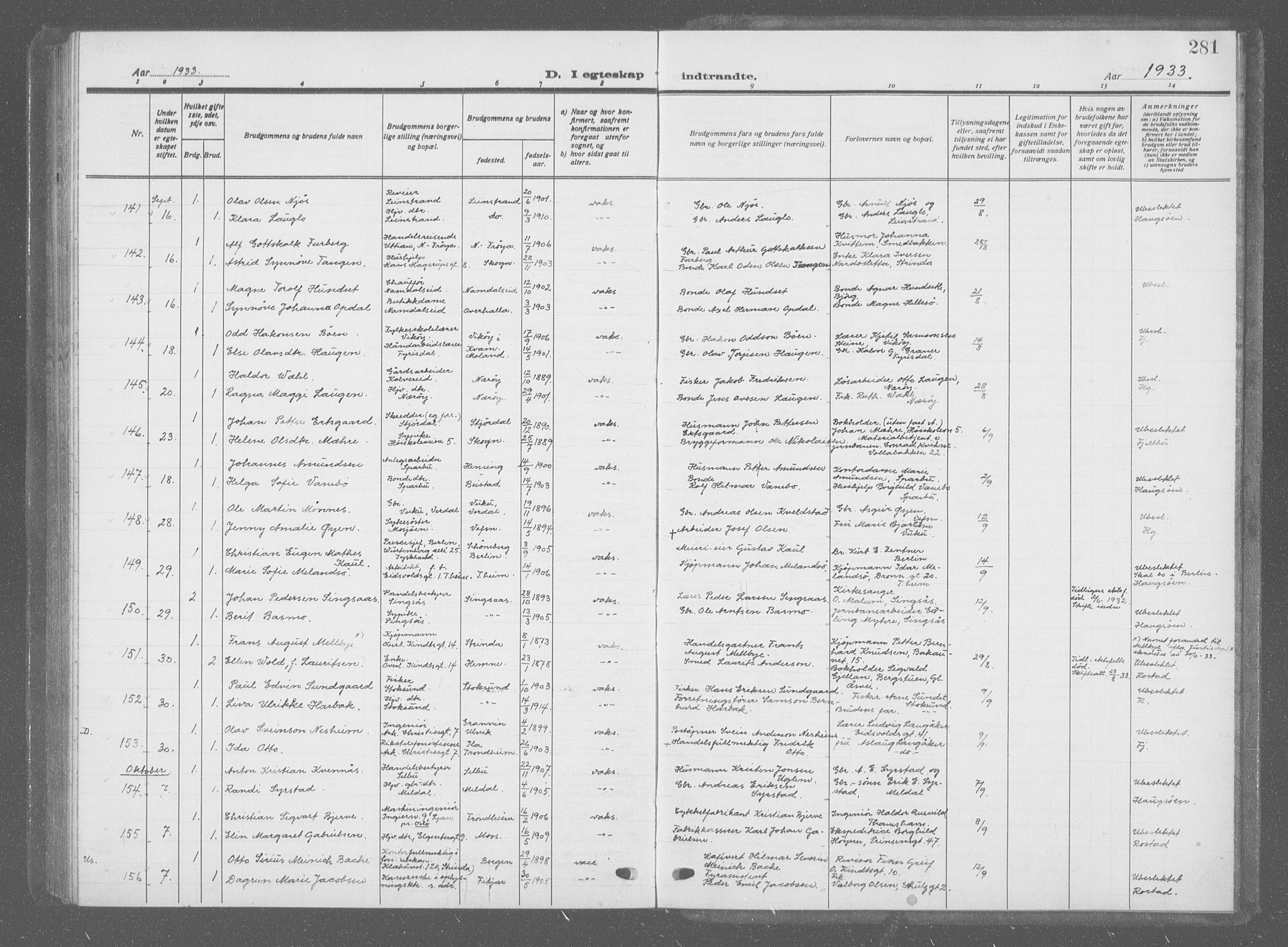 Ministerialprotokoller, klokkerbøker og fødselsregistre - Sør-Trøndelag, AV/SAT-A-1456/601/L0098: Parish register (copy) no. 601C16, 1921-1934, p. 281