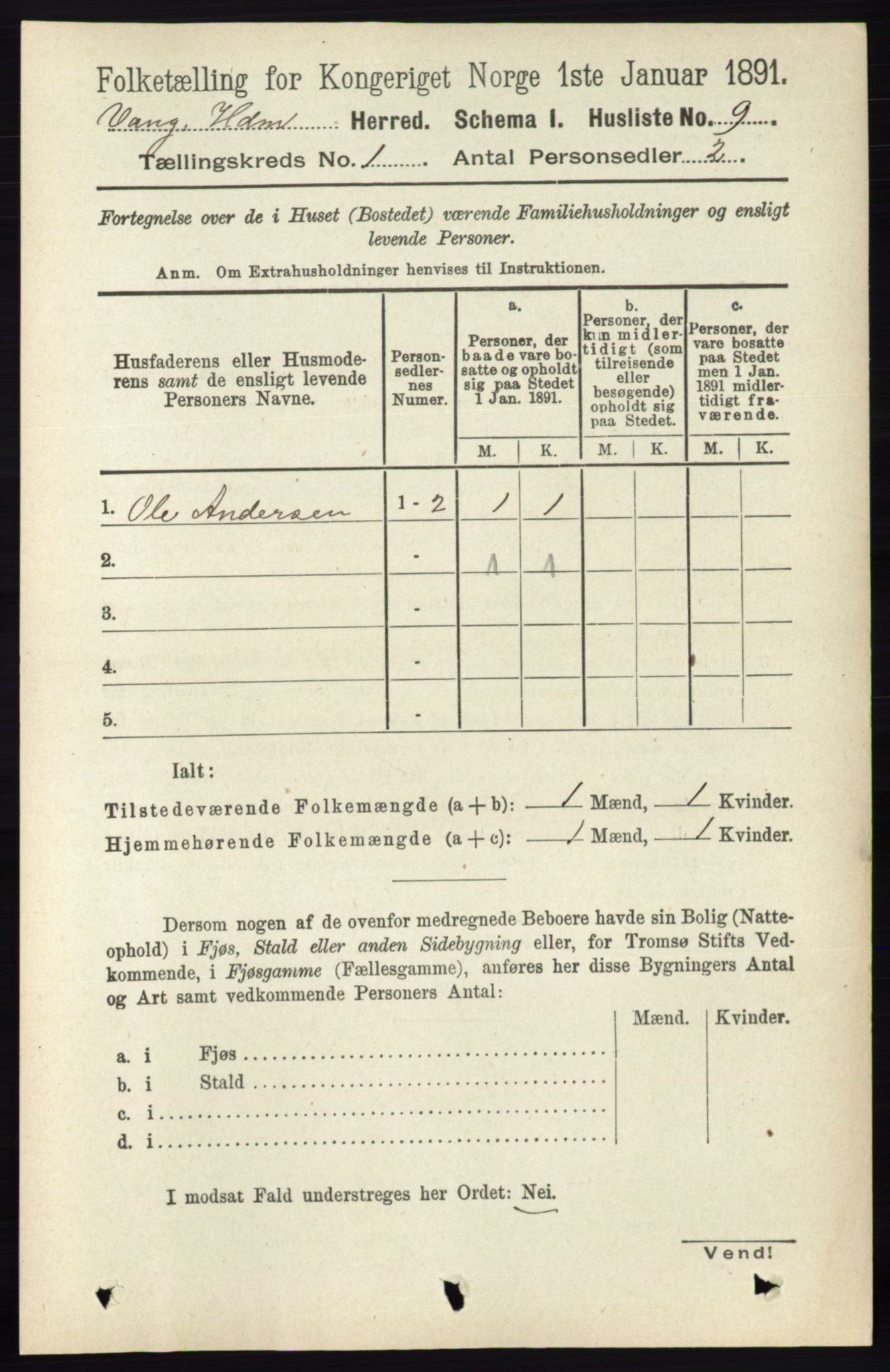 RA, 1891 census for 0414 Vang, 1891, p. 43