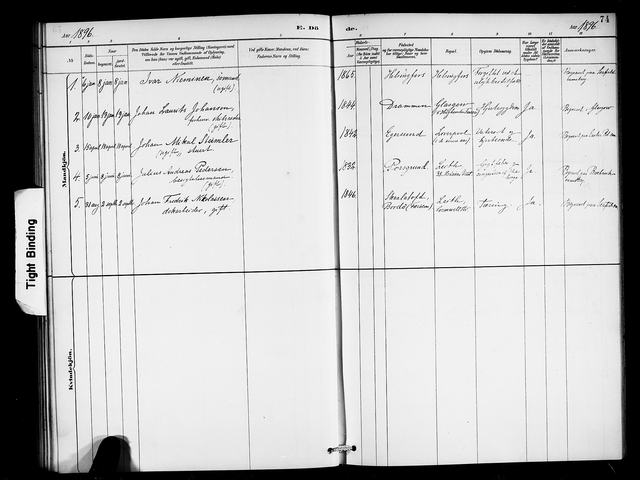Den norske sjømannsmisjon i utlandet/Skotske havner (Leith, Glasgow), SAB/SAB/PA-0100/H/Ha/Haa/L0003: Parish register (official) no. A 3, 1887-1898, p. 74