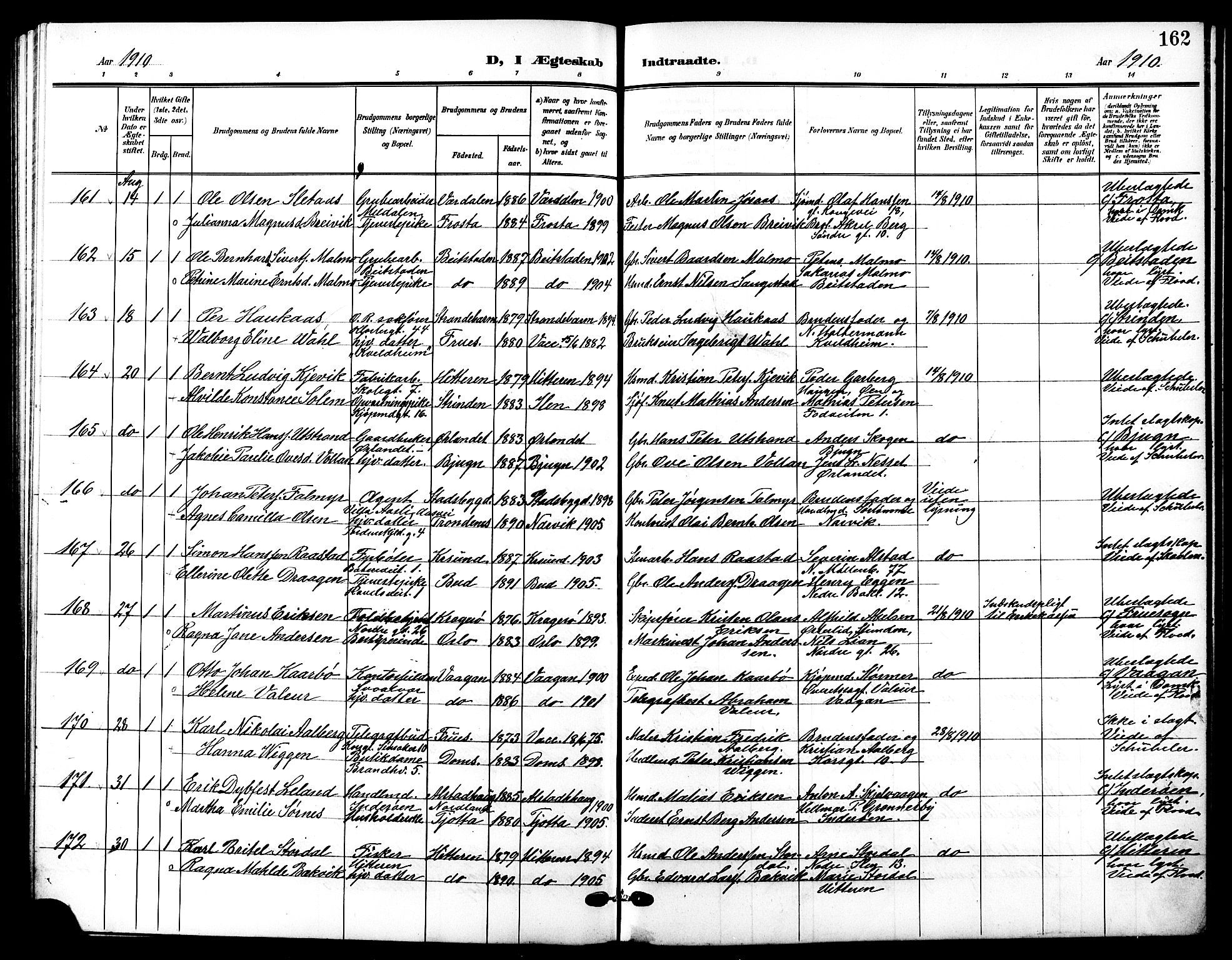 Ministerialprotokoller, klokkerbøker og fødselsregistre - Sør-Trøndelag, AV/SAT-A-1456/601/L0095: Parish register (copy) no. 601C13, 1902-1911, p. 162