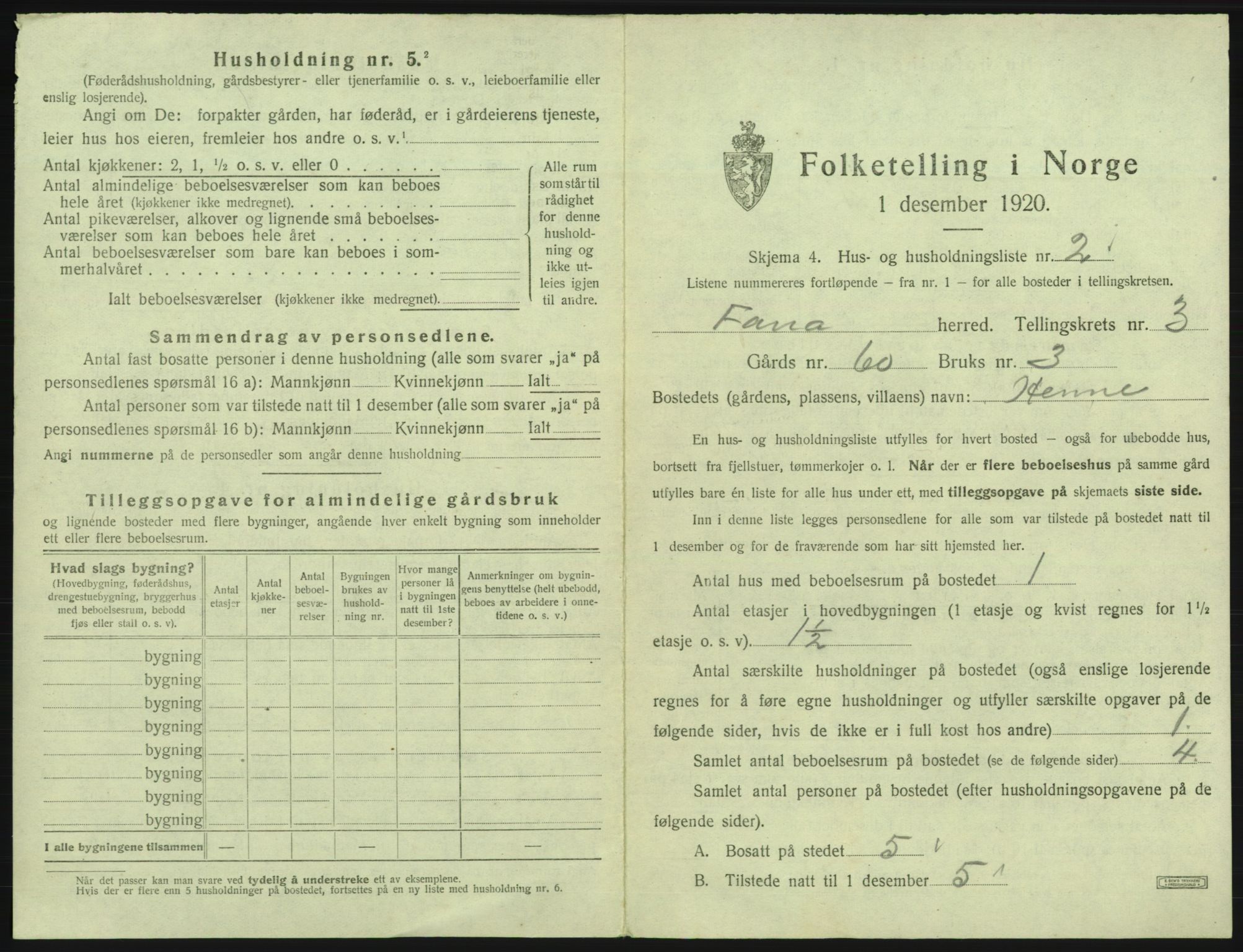 SAB, 1920 census for Fana, 1920, p. 290