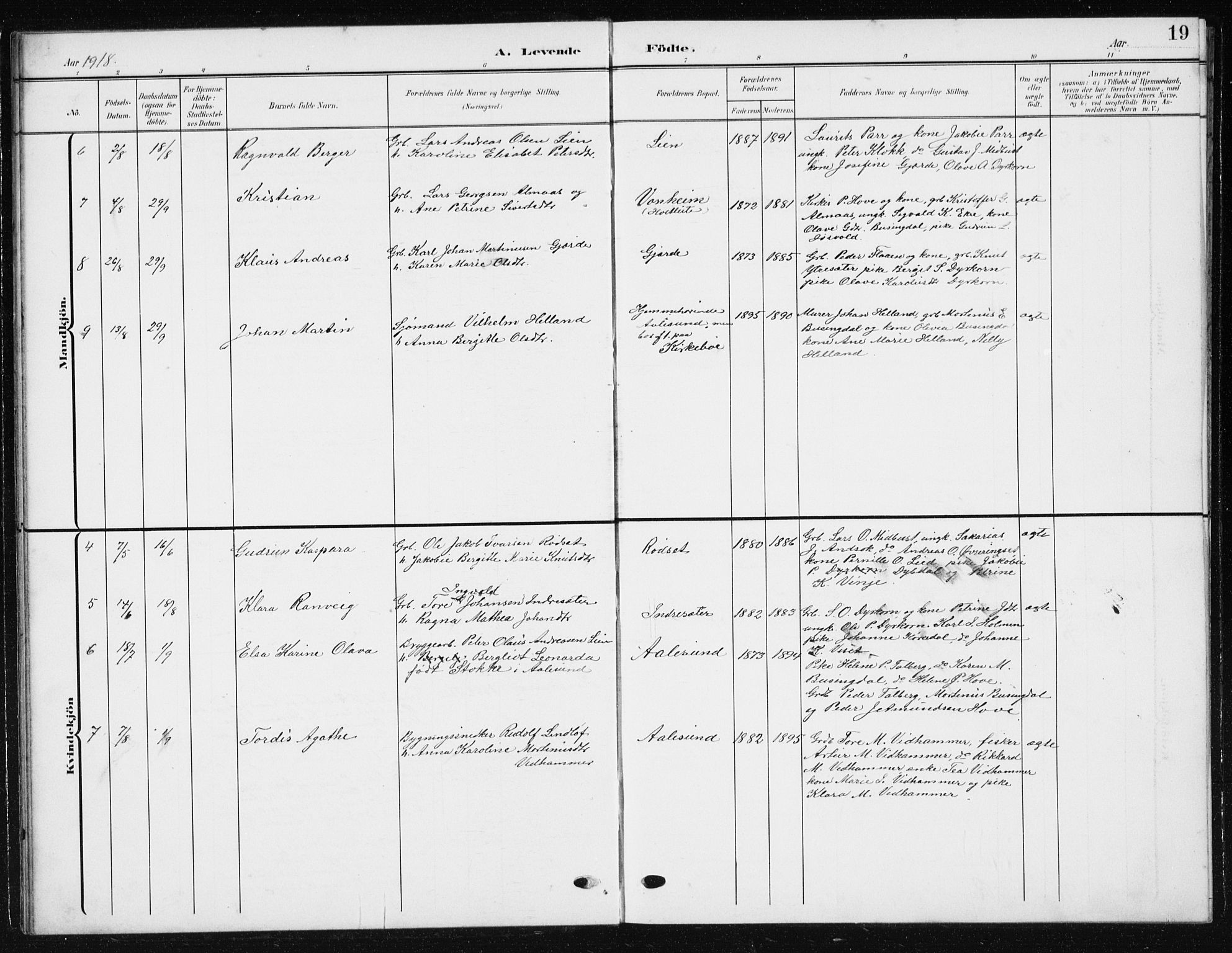 Ministerialprotokoller, klokkerbøker og fødselsregistre - Møre og Romsdal, AV/SAT-A-1454/521/L0303: Parish register (copy) no. 521C04, 1908-1943, p. 19