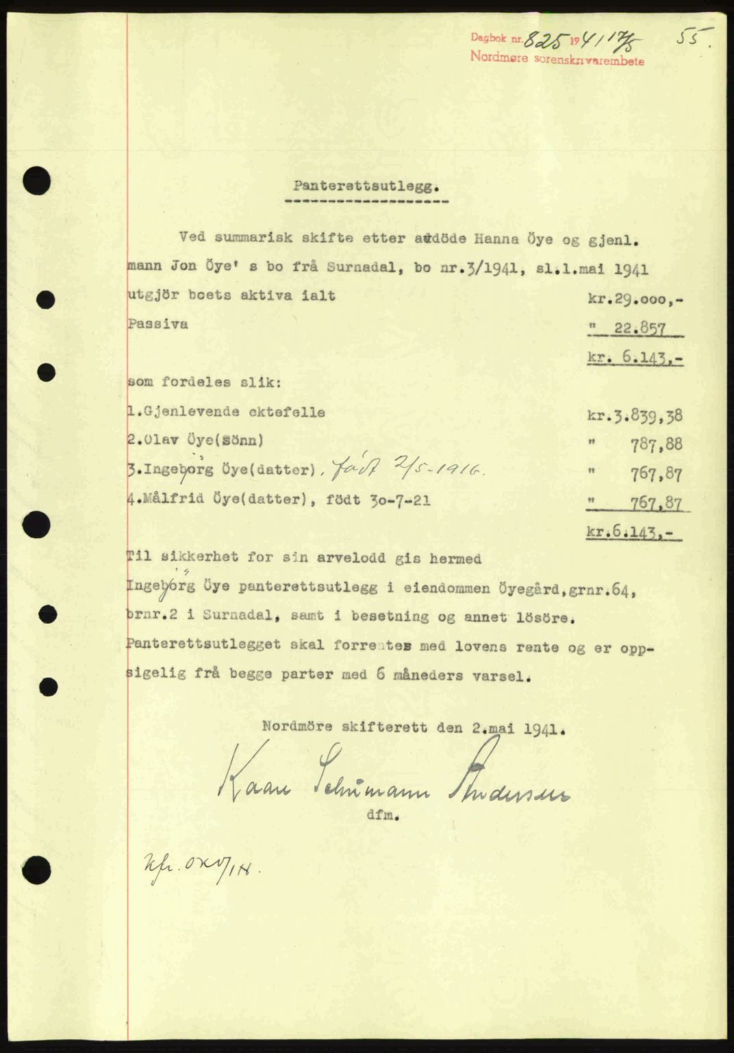 Nordmøre sorenskriveri, AV/SAT-A-4132/1/2/2Ca: Mortgage book no. B88, 1941-1942, Diary no: : 825/1941