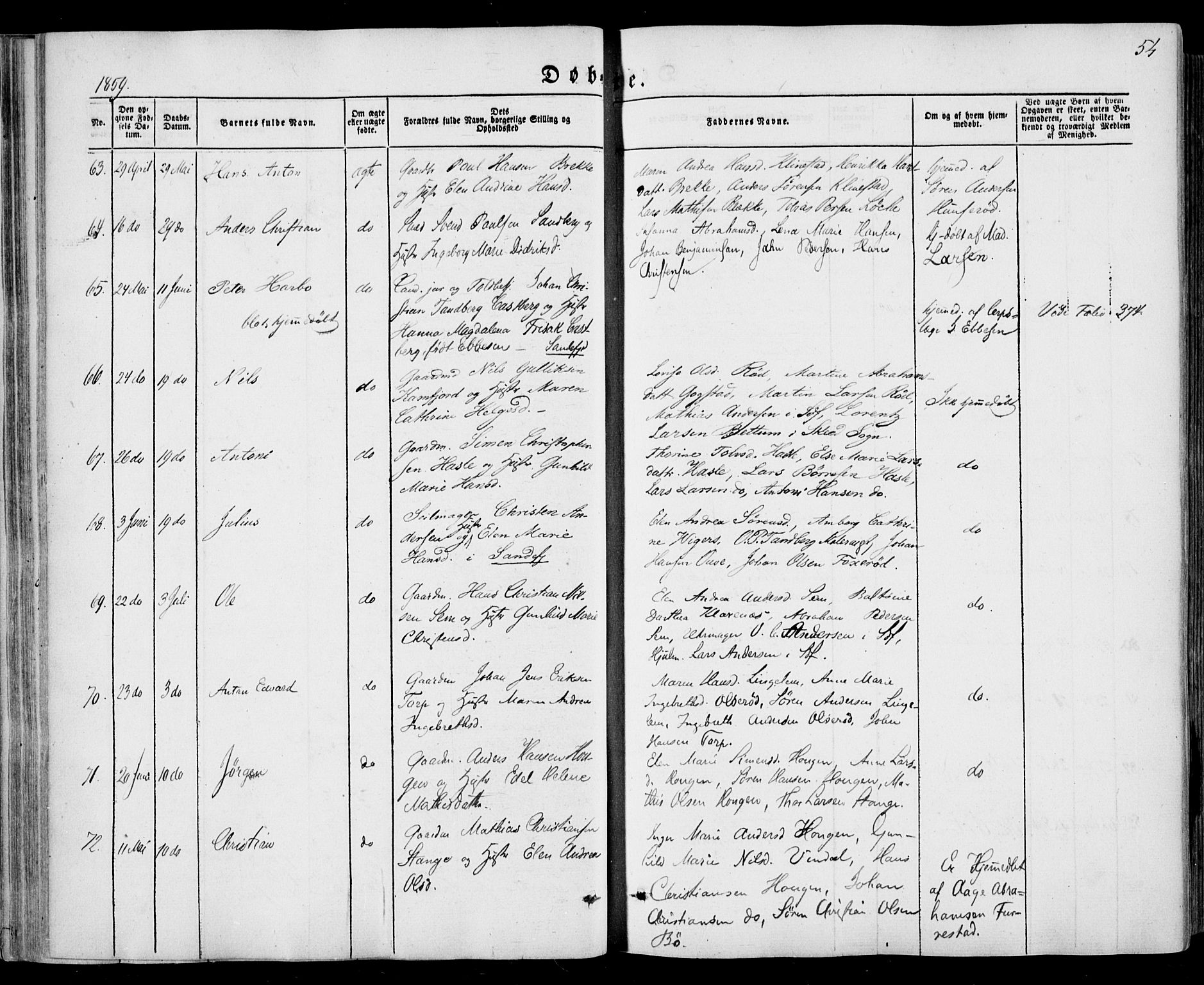 Sandar kirkebøker, AV/SAKO-A-243/F/Fa/L0007: Parish register (official) no. 7, 1855-1861, p. 54