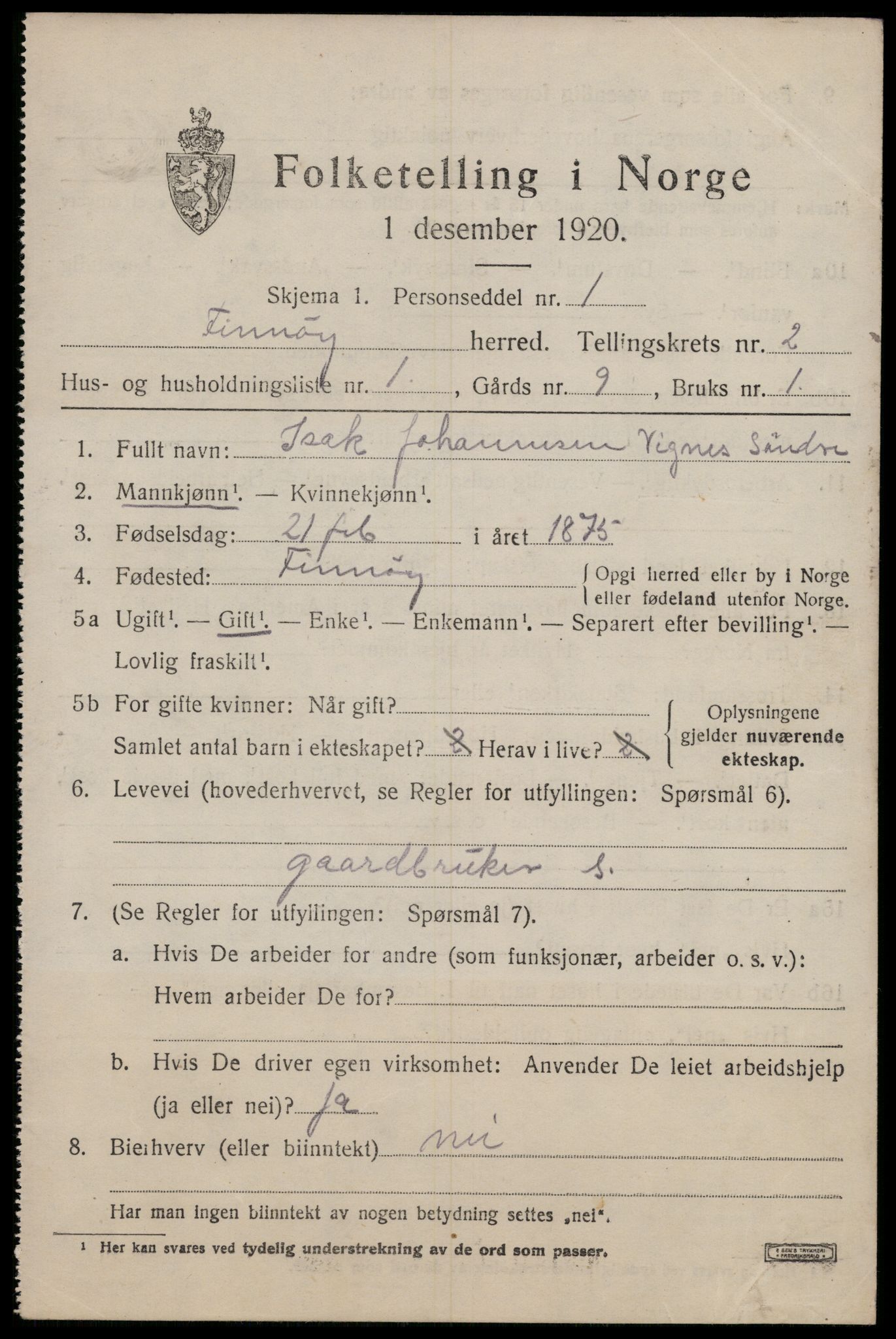 SAST, 1920 census for Finnøy, 1920, p. 1300