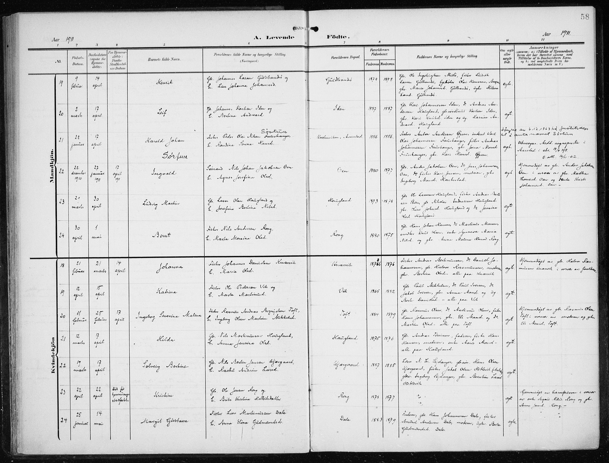 Herdla Sokneprestembete, AV/SAB-A-75701/H/Haa: Parish register (official) no. A 5, 1905-1918, p. 58