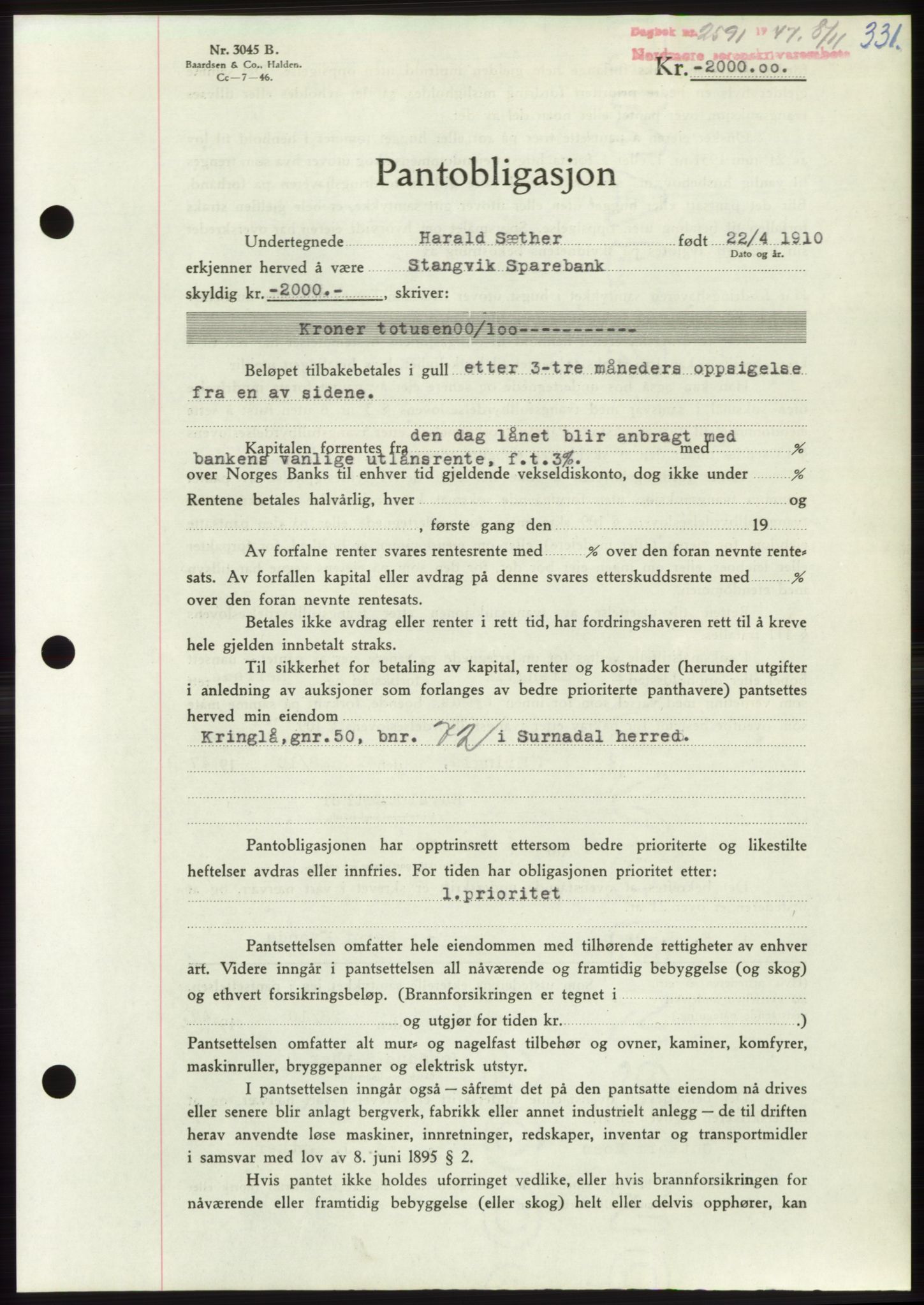 Nordmøre sorenskriveri, AV/SAT-A-4132/1/2/2Ca: Mortgage book no. B97, 1947-1948, Diary no: : 2591/1947