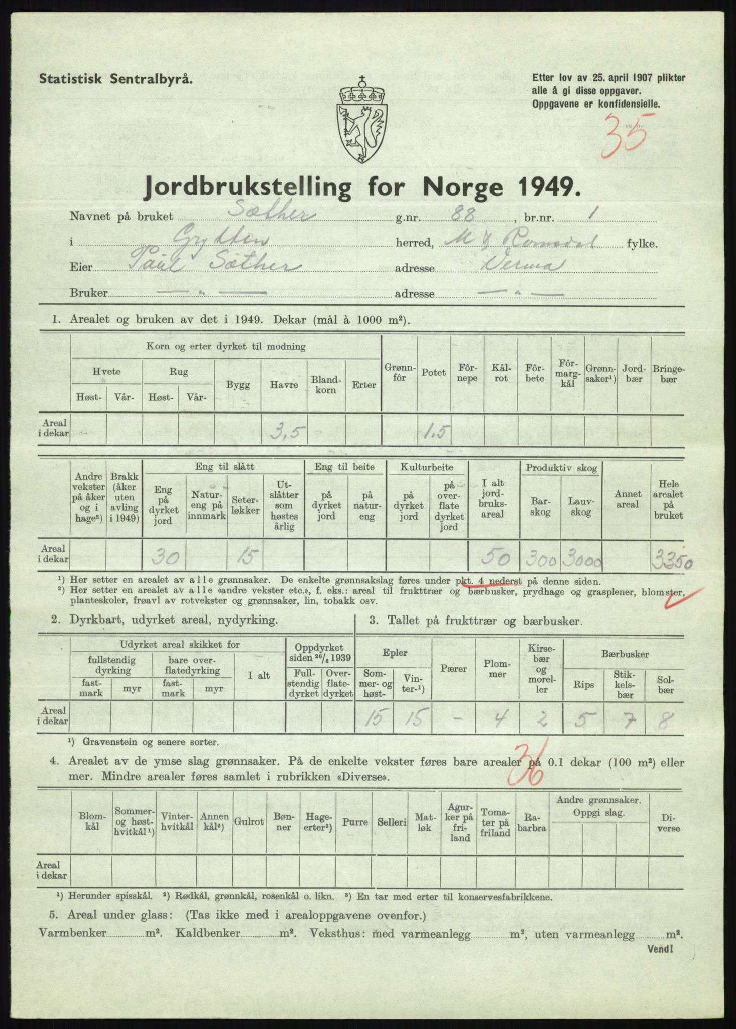 Statistisk sentralbyrå, Næringsøkonomiske emner, Jordbruk, skogbruk, jakt, fiske og fangst, AV/RA-S-2234/G/Gc/L0323: Møre og Romsdal: Grytten og Hen, 1949, p. 219