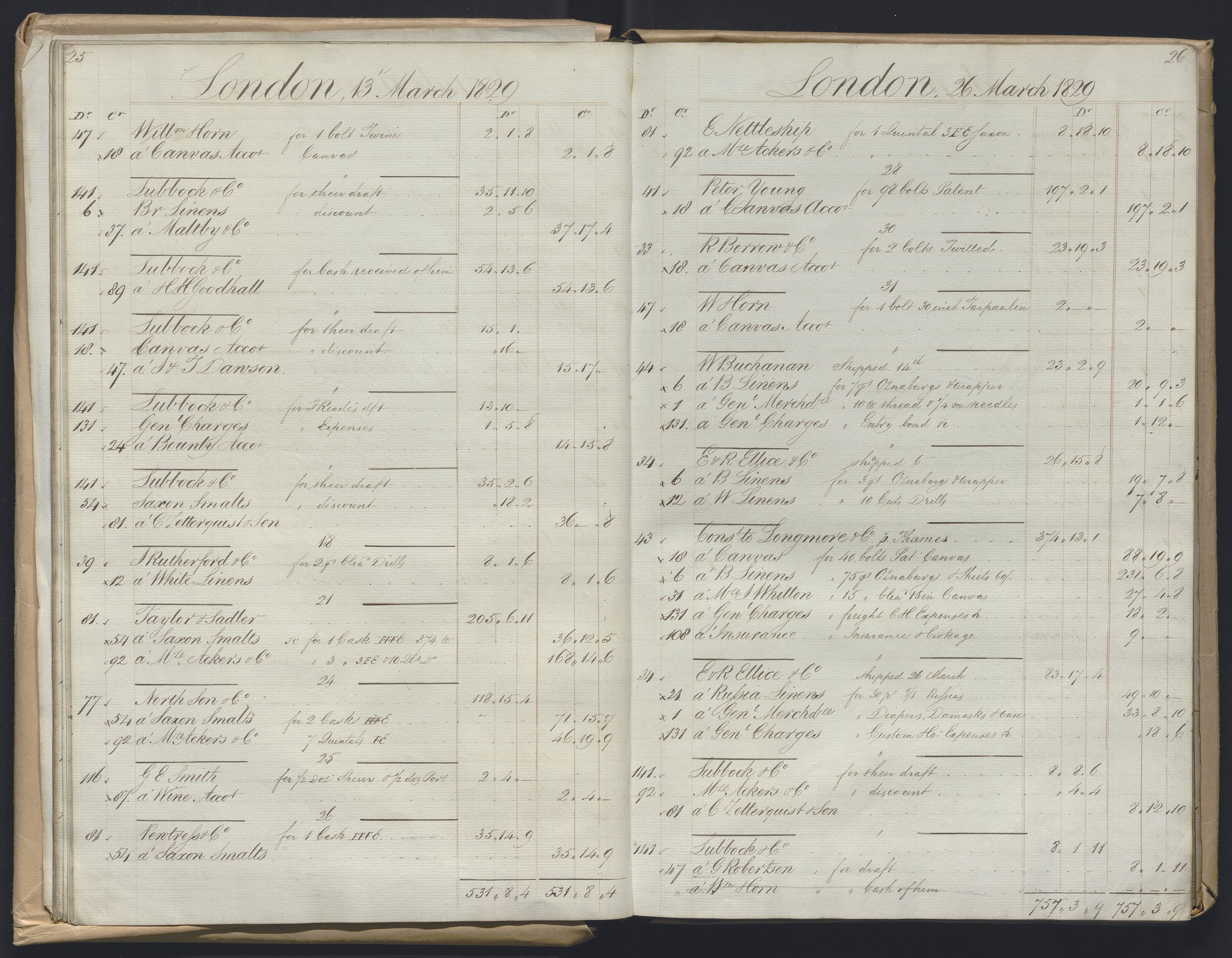 Smith, Goodhall & Reeves, RA/PA-0586/R/L0001: Dagbok (Daybook) A, 1829-1831, p. 25-26