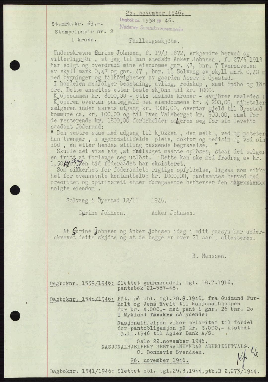 Nedenes sorenskriveri, AV/SAK-1221-0006/G/Gb/Gba/L0056: Mortgage book no. A8, 1946-1947, Diary no: : 1538/1946