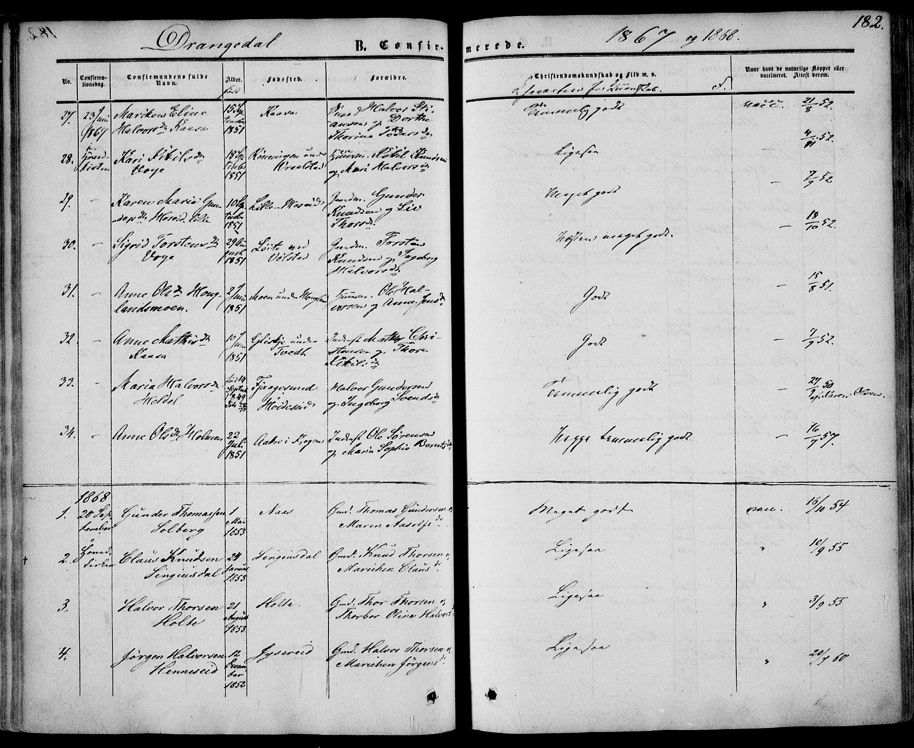 Drangedal kirkebøker, SAKO/A-258/F/Fa/L0008: Parish register (official) no. 8, 1857-1871, p. 182