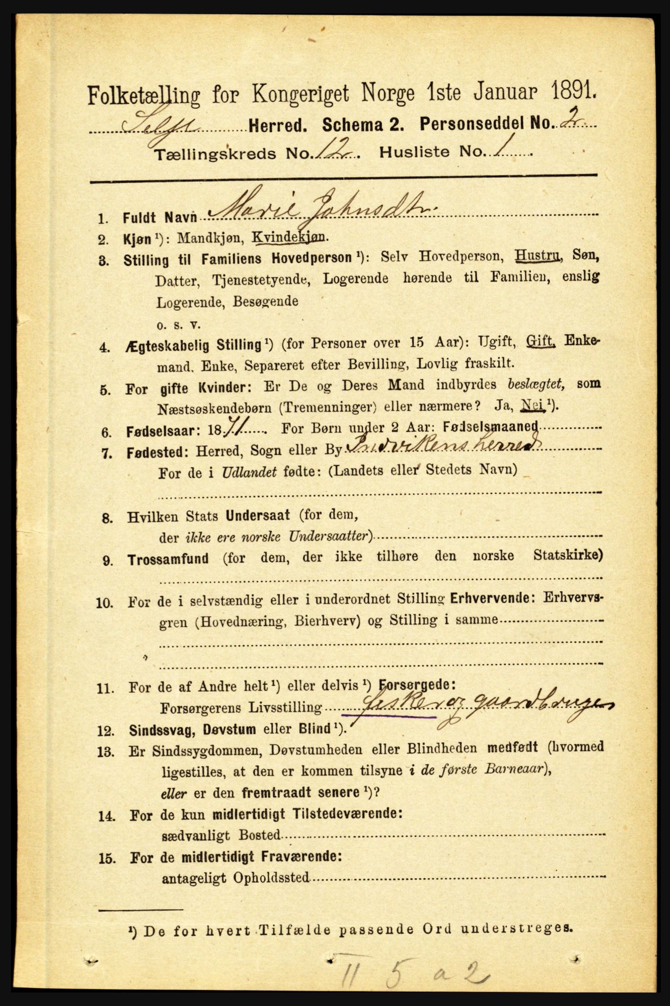 RA, 1891 census for 1441 Selje, 1891, p. 3692