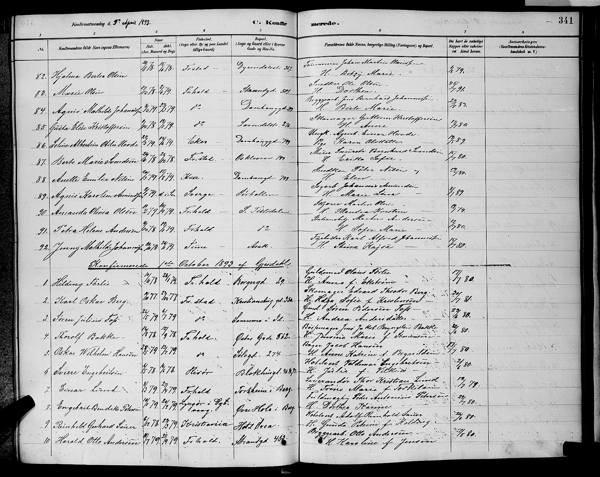 Halden prestekontor Kirkebøker, AV/SAO-A-10909/G/Ga/L0008: Parish register (copy) no. 8, 1885-1899, p. 341